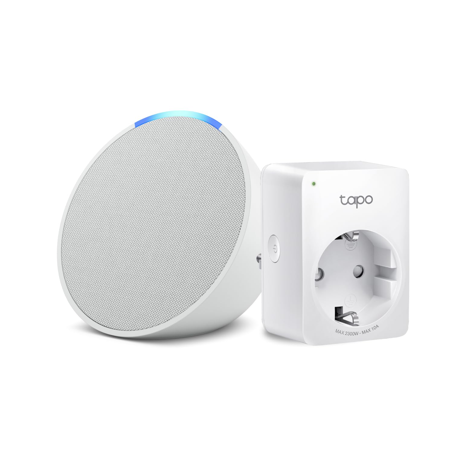 Echo Pop | Blanco + Tapo P100MA - Matter Mini Enchufe Inteligente, compatible con Alexa - Kit de inicio de Hogar digital