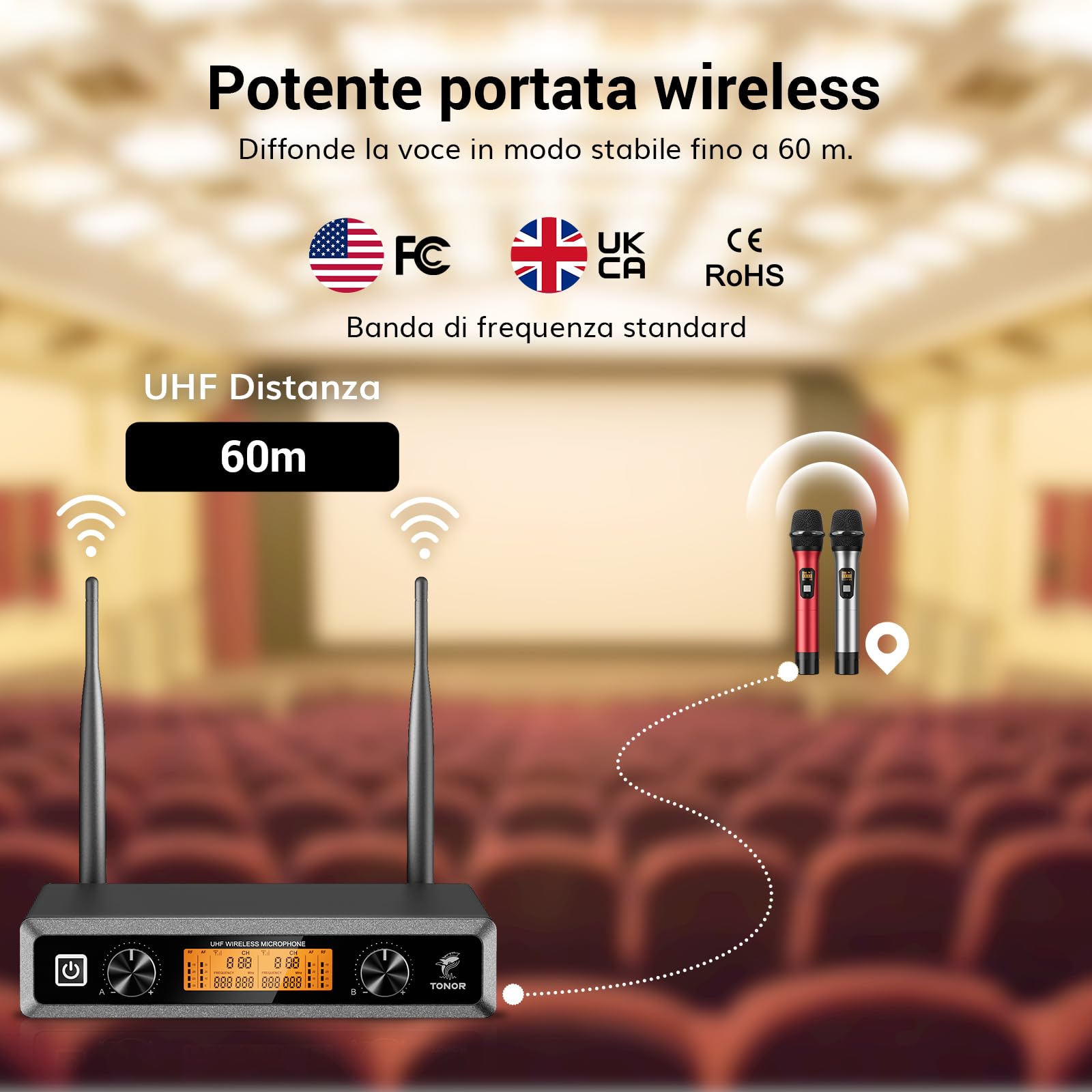 TONOR Microfono radio wireless UHF in metallo, professionale dinamico doppio microfoni senza fili, sistema mic a mano, set per karaoke, feste, DJ, chiesa, matrimonio, riunione, 60m, Argento, TW820