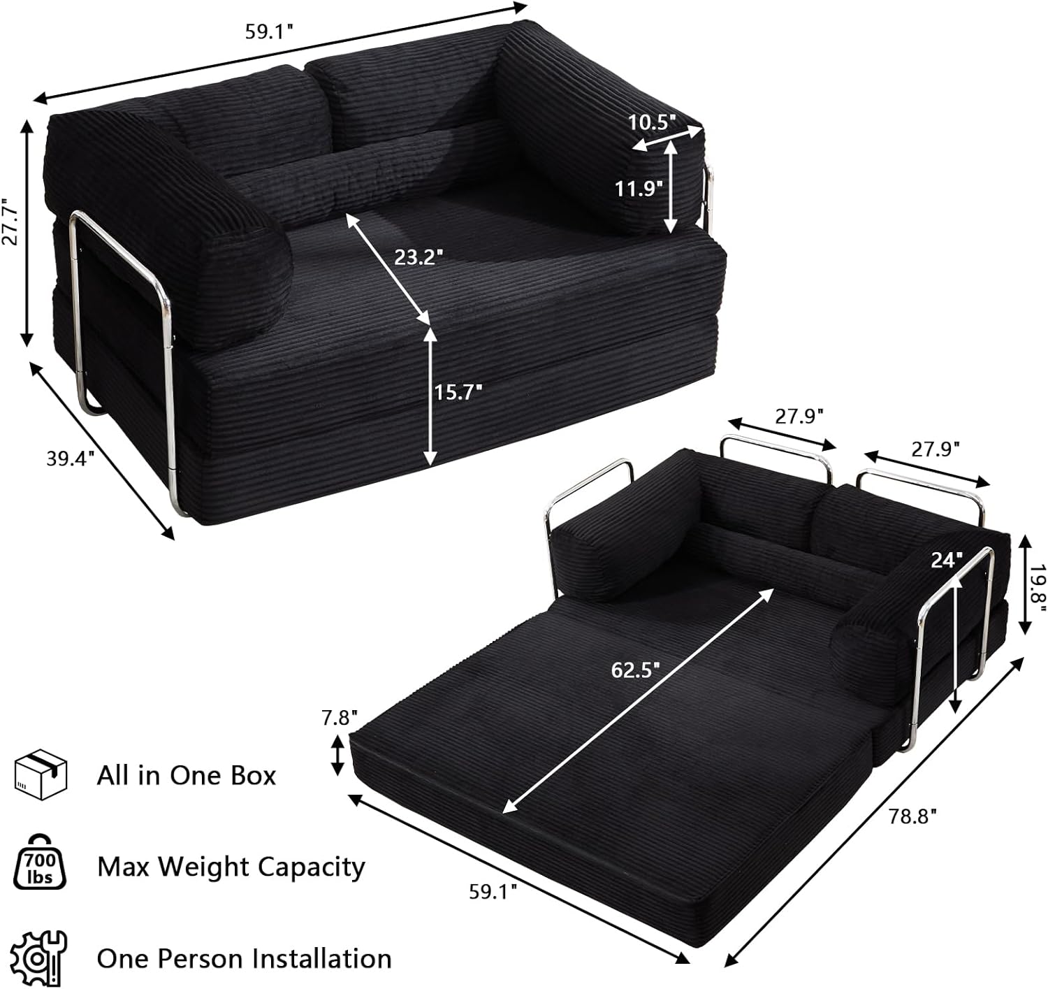 convertible sofa bed corduroy black - folded into a floor bed
