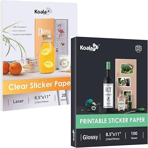 Koala - Papel adhesivo transparente para impresora láser y brillante para impresora láser y de inyección de tinta, color blanco, paquete
