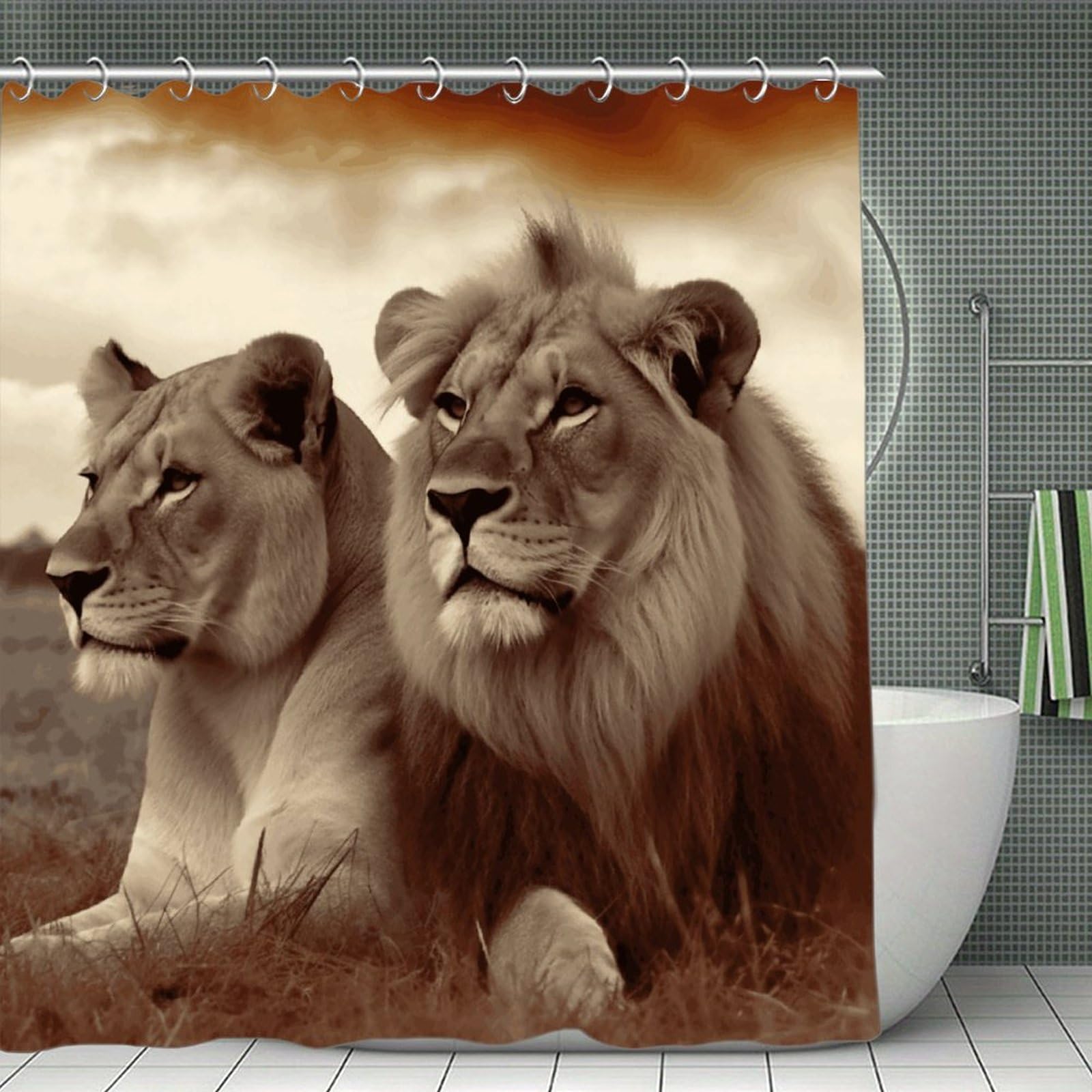 VstaDank African Lion and Lioness Bath Curtain Elegant Heavy Duty Shower Curtains 70x70 in Rustic Farmhouse Cloth Shower Curtains Neutral Modern Bath Curtain for Bathroom