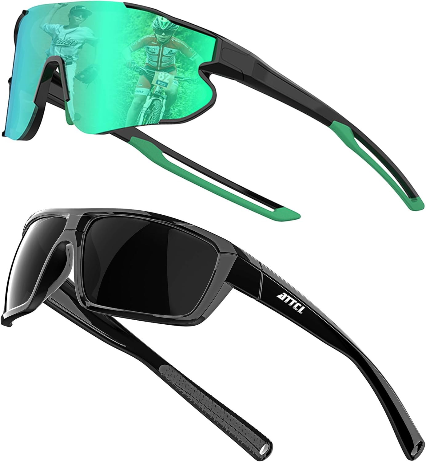 ATTCL Bundle Polarized Wrap Sunglasses For Men Cycling Driving Fishing - Sports Glasses Ultralight:(XQ548-Black-Green)+(1124-Back-All)