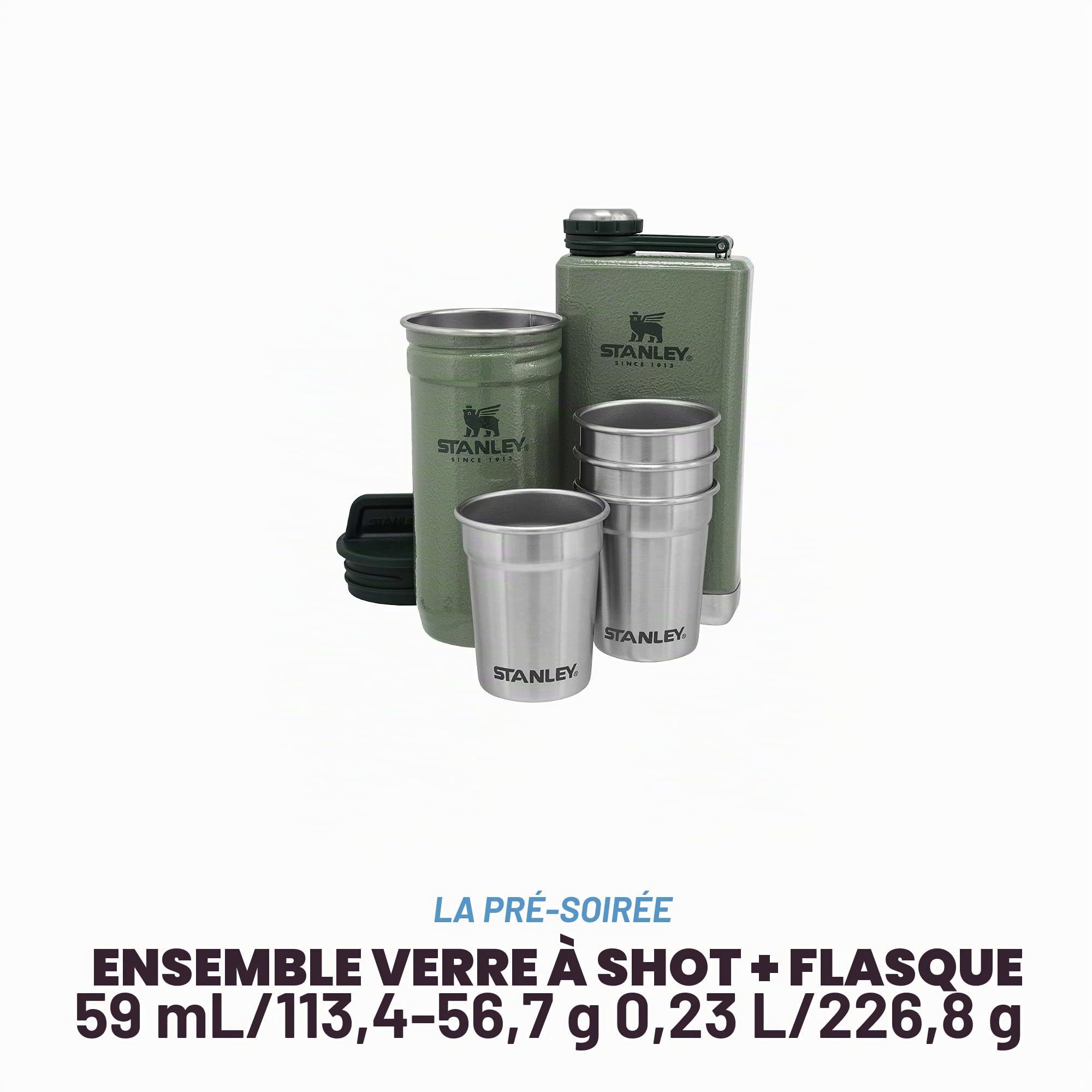 Stanley 1913 Adventure Pre-Party Shot Glass + Flask Set Hammertone Green - En acier Inoxydable sans BPA -Flasque en acier Inoxydable - Coffret cadeau - Passe au lave-vaisselle