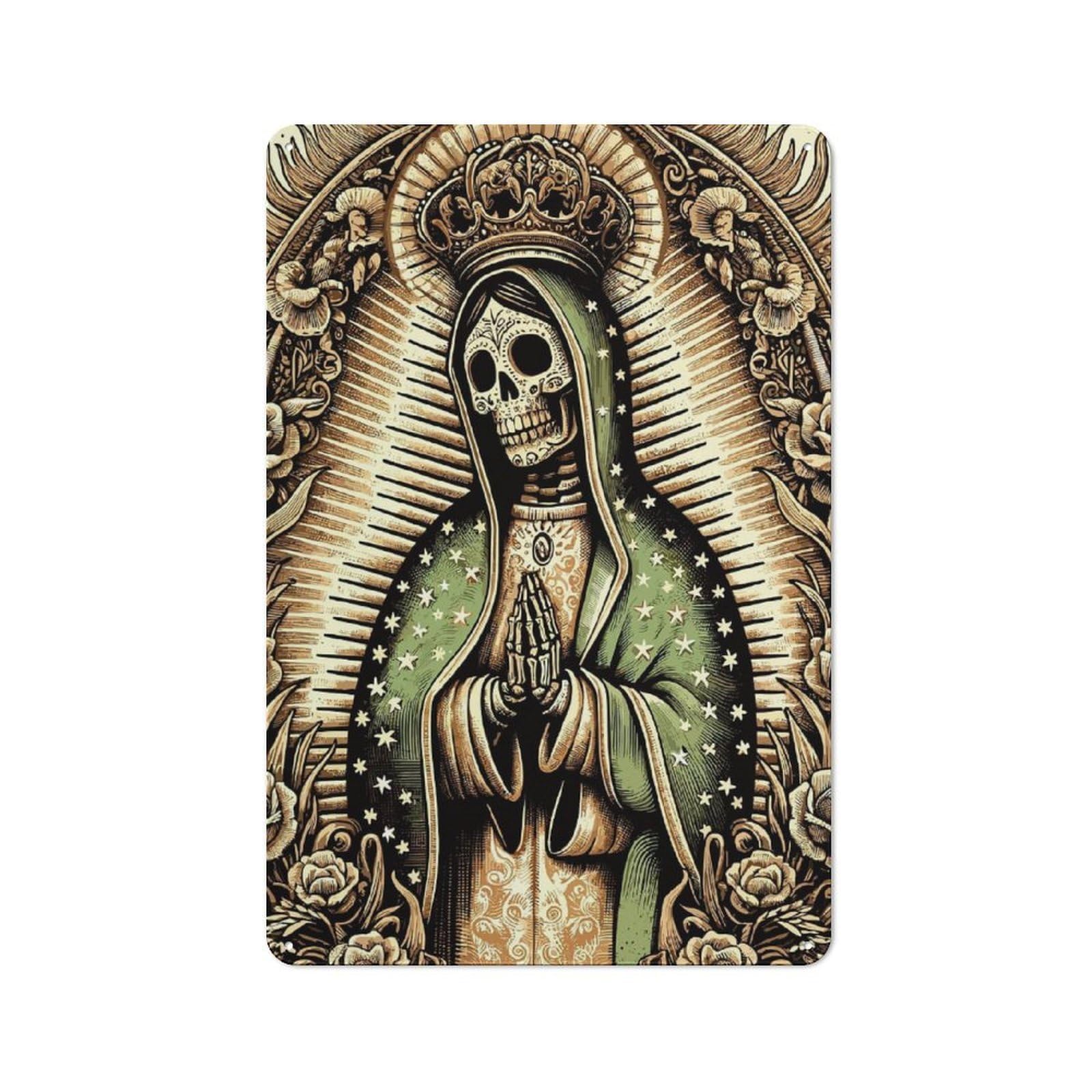 Junmoney Santa Muerte Lady Of Guadalupe Vintage Metal Wall Art Sign 30X20cm Featuring Old Style Wall Plaque For Kitchen, Hallway, Bar Or Small Cafe