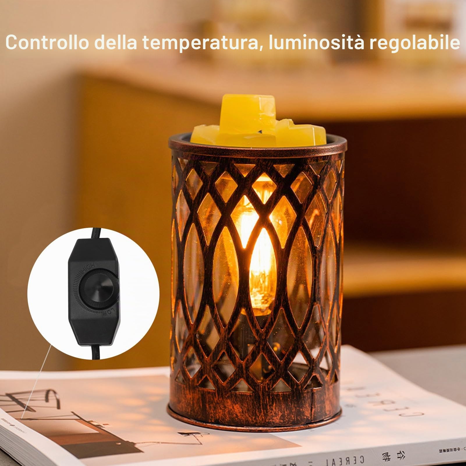 Bruciatore per Oli Essenziali e Cera Fonde, Scaldacera Elettrico Riscaldatore per Fusione di Cera con Guscio in Rete Scavata per La Decorazione dell'Ufficio Domestico Portalampada da 110 a 220 V