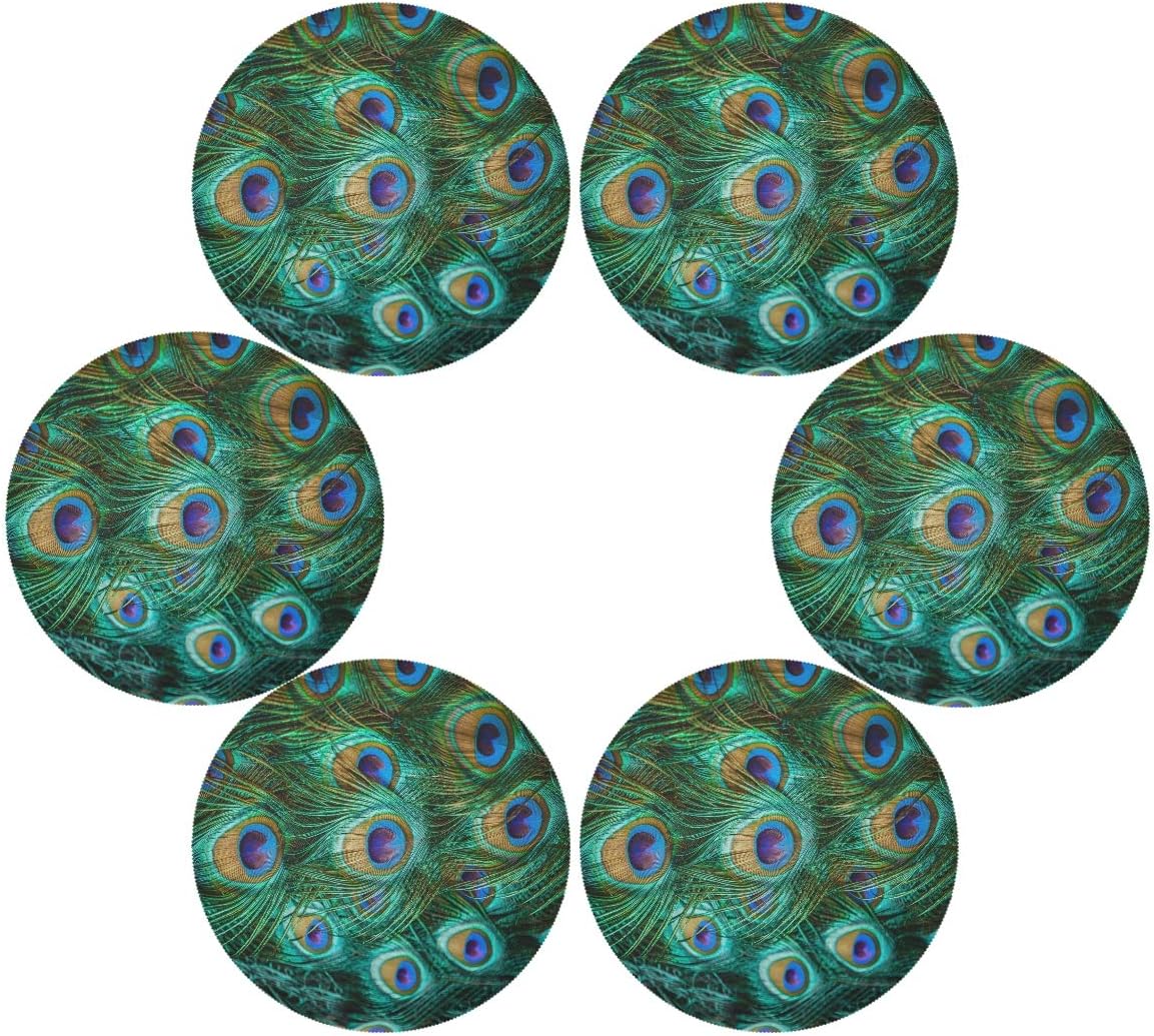 AUUXVA Round Placemat Animal Peacock Feather Polyester Heatresistant Table Place Mat for Kitchen Dining Table Decor, Set of 6