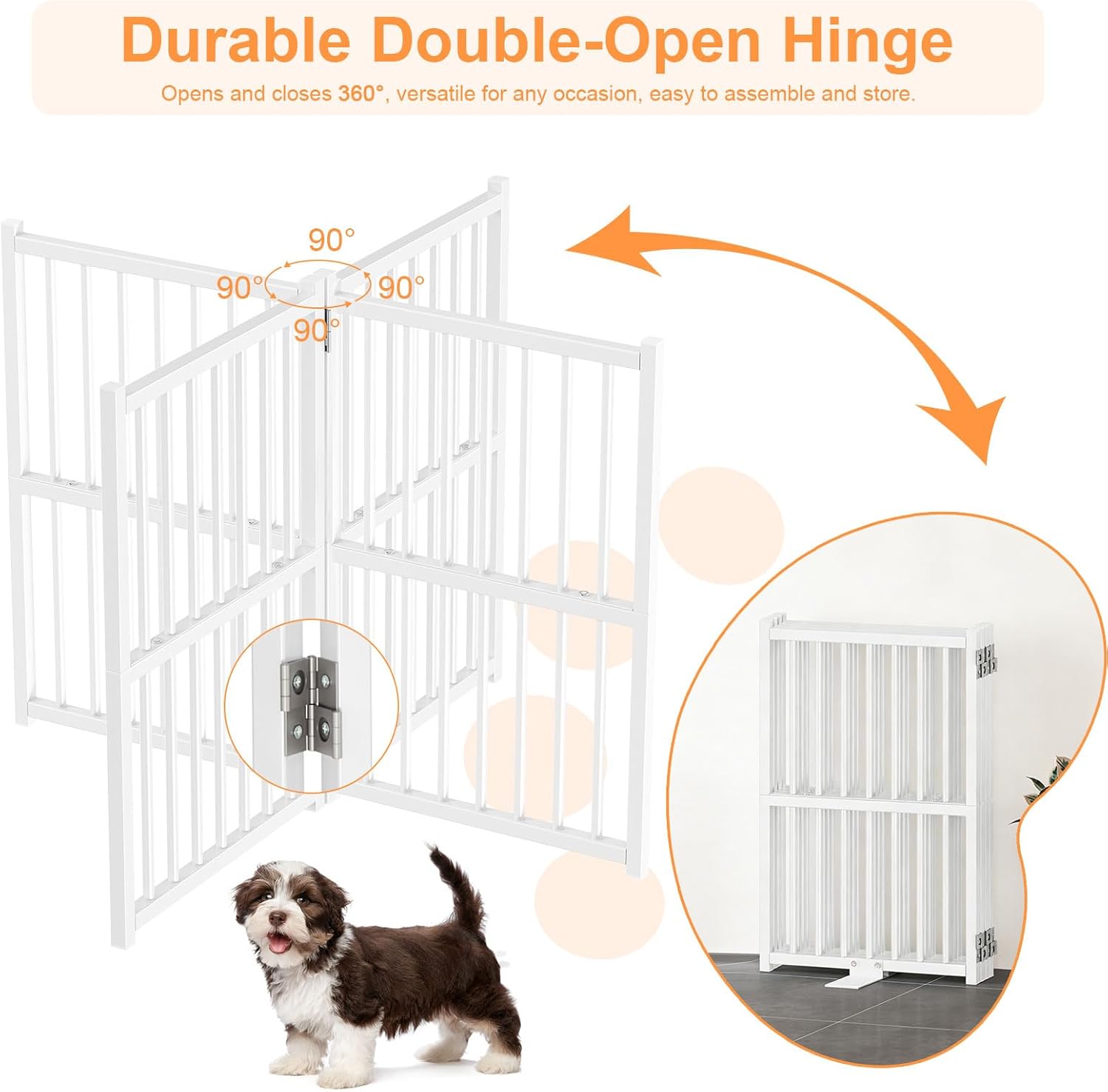 Snughome Dog Gate Indoor, 23.62" H Freestanding Short Dog Door Gates with Support Feet, Expands Up to 63.78’’ Wide Foldable Pet Gates for Doorways, 4 Panel Folding Pet Door Pet Fence for Puppy, White