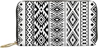 Carteiras femininas de couro legítimo étnico preto branco boho geométrico porta-cartão de crédito estojo com zíper organizador de embreagem de couro feminino bolsa longa de viagem, Étnico preto branco Boho geométrico, 7x4.3x0.8 Inches