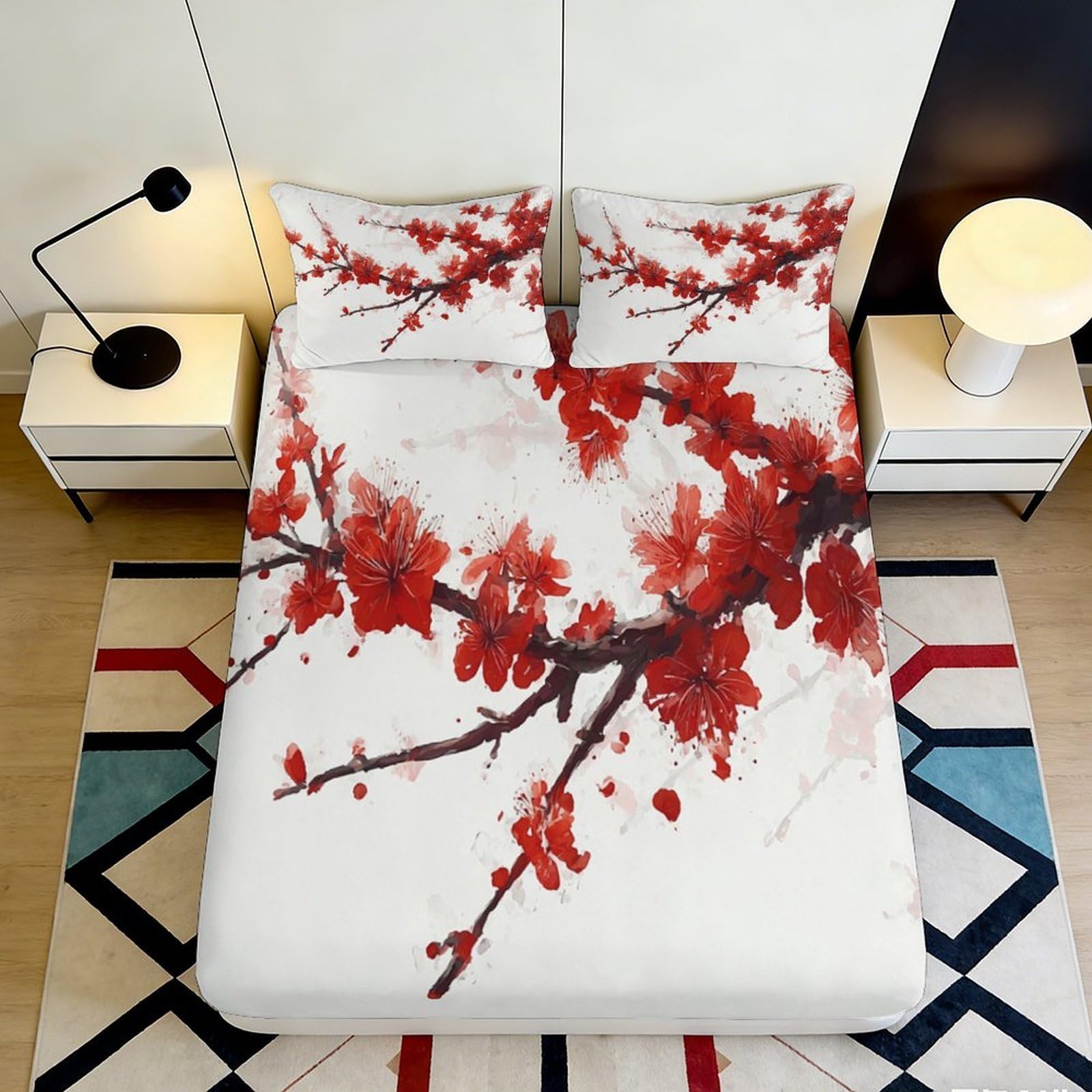 3D Printed Red Plum Blossom Fitted Sheet Microfiber Soft Bed Cover for Bedroom Guest Room Decor Dustproof 90x200x25cm