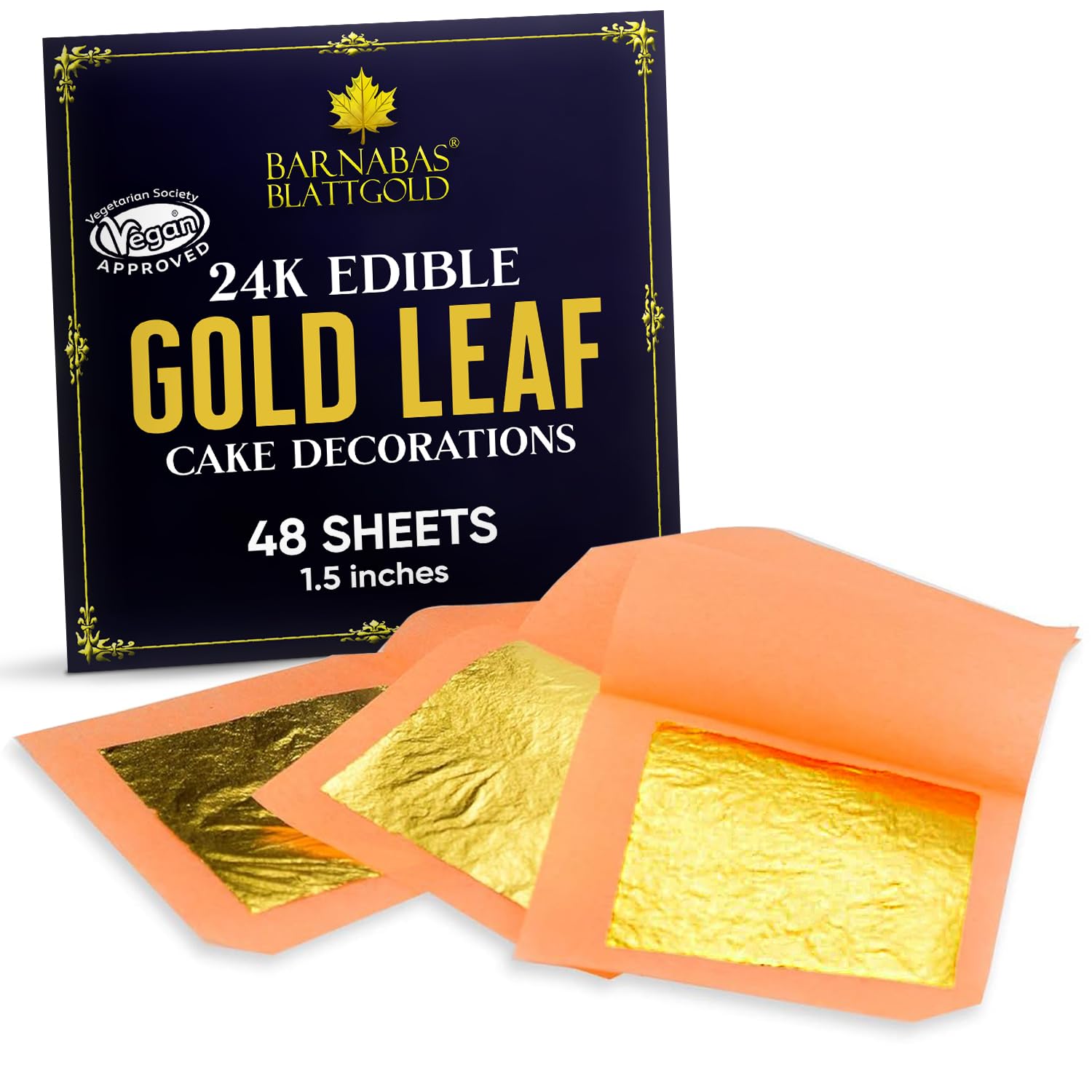 Barnabas Edible Gold Leaf 24K - Cake Decorations, Loose Gold Leaf Sheets for Cupcakes - 1.5 inches, Interleaf of 48