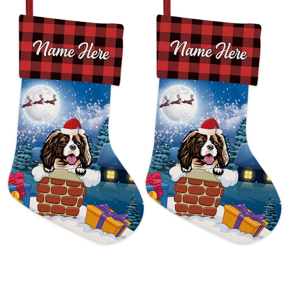 BAGEYOU 2 Pack Custom Name Christmas Stocking with Cute Dog Cavalier King Charles Spaniel in the Chimney Santa Gifts Pack for Xmas Party Holiday Decoration Christmas Tree Fireplace Hanging 14.4"