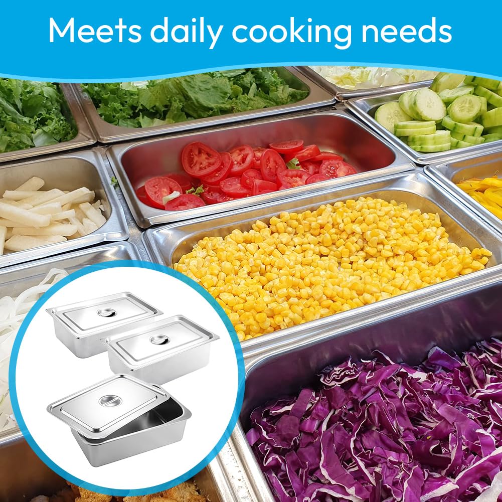 Juego de 3 cuencos para alimentos de acero inoxidable con tapa, 32,5 x 17,5 x 6,5 cm, recipiente GN 1/3, para comida caliente y fría, sartén de hotel