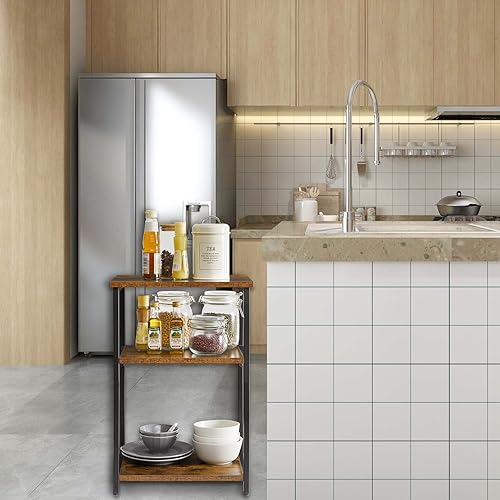 Miniatura 10 de IBUYKE Mesa auxiliar, mesa auxiliar de 3 niveles, mesita de noche industrial pequeña con estante de almacenamiento, para dormitorio, sala de estar,