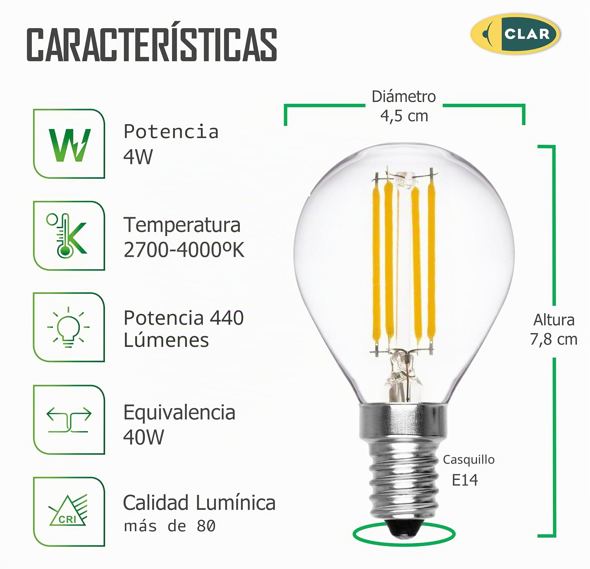 CLAR - Bombilla Led 4W, E14, Pequeña, Vintage, Casquillo Fino, Esférica Luz Cálida 3000ºK (Pack 100)