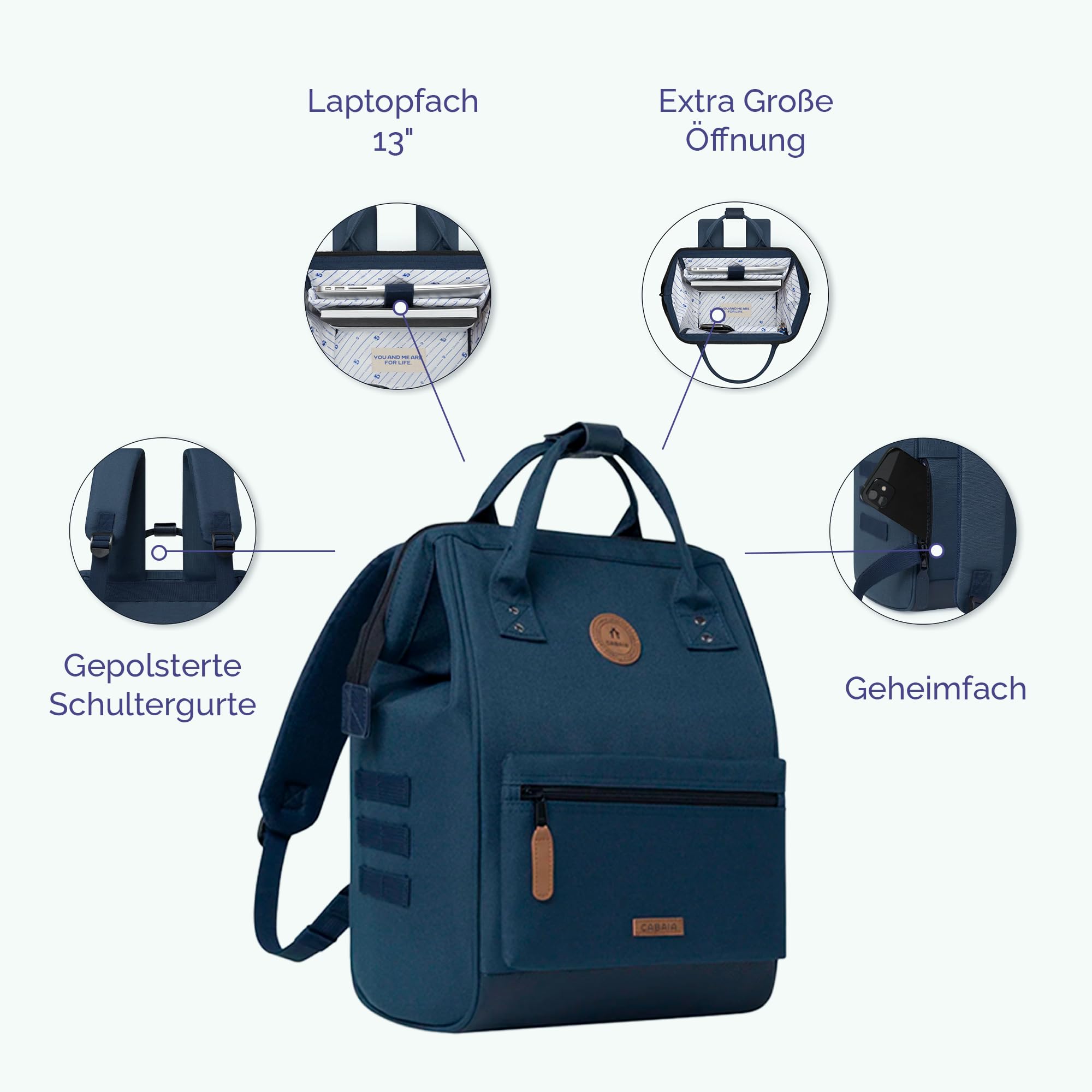 Cabaïa - Adventurer Rucksack Reykjavik Medium 18L - Wasserabweisend - Laptopfach bis zu 13 Zoll - 2 Vordertaschen - vegan zertifiziert - Rucksack für Reisen und Arbeit, Damen & Herren - Blau