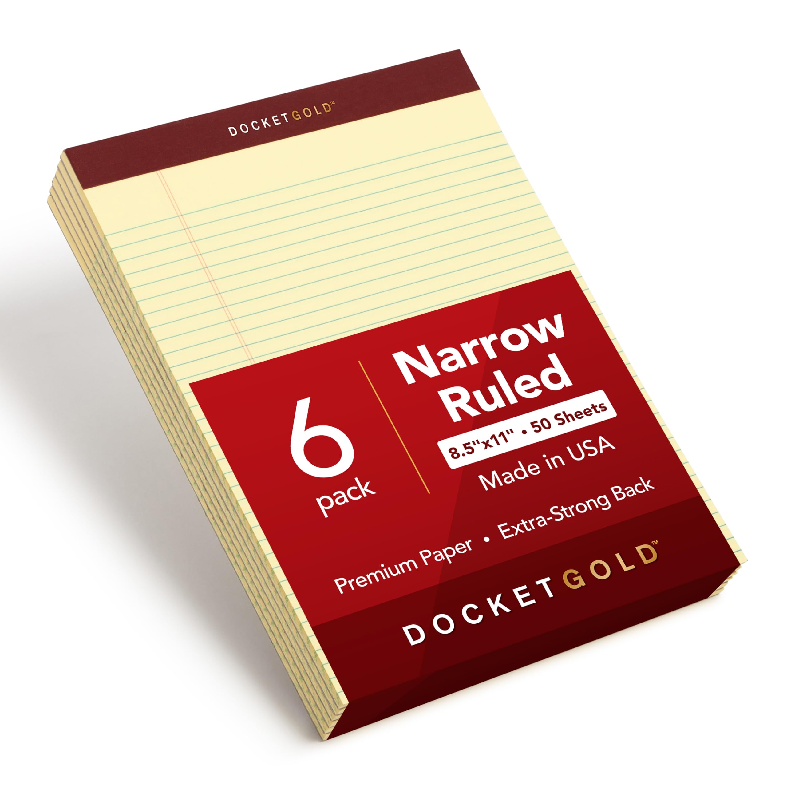 TOPS 8.5 x 11 Legal Pads, 6 Pack, Premium Docket Gold Brand, Narrow Ruled, Thick Yellow Paper, Sturdy Back, 50 Sheets, Made in USA (63941)