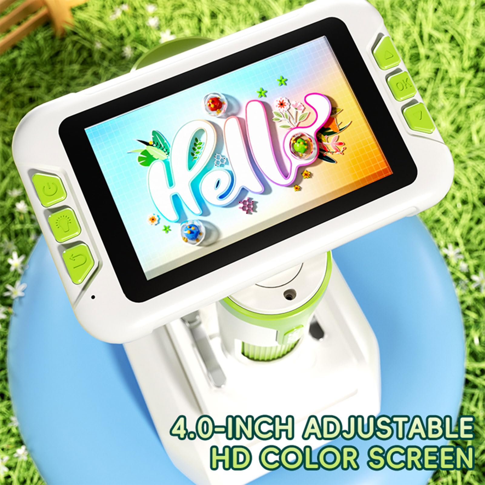 Fockety Microscopio Portatile, Microscopio Digitale HD 1080P da 4 Pollici con Zoom da 100X a 1600X per Bambini, Portatile per Bambini con 6 Luci LED Regolabili e Vetrini Pre-preparati per la Scienza