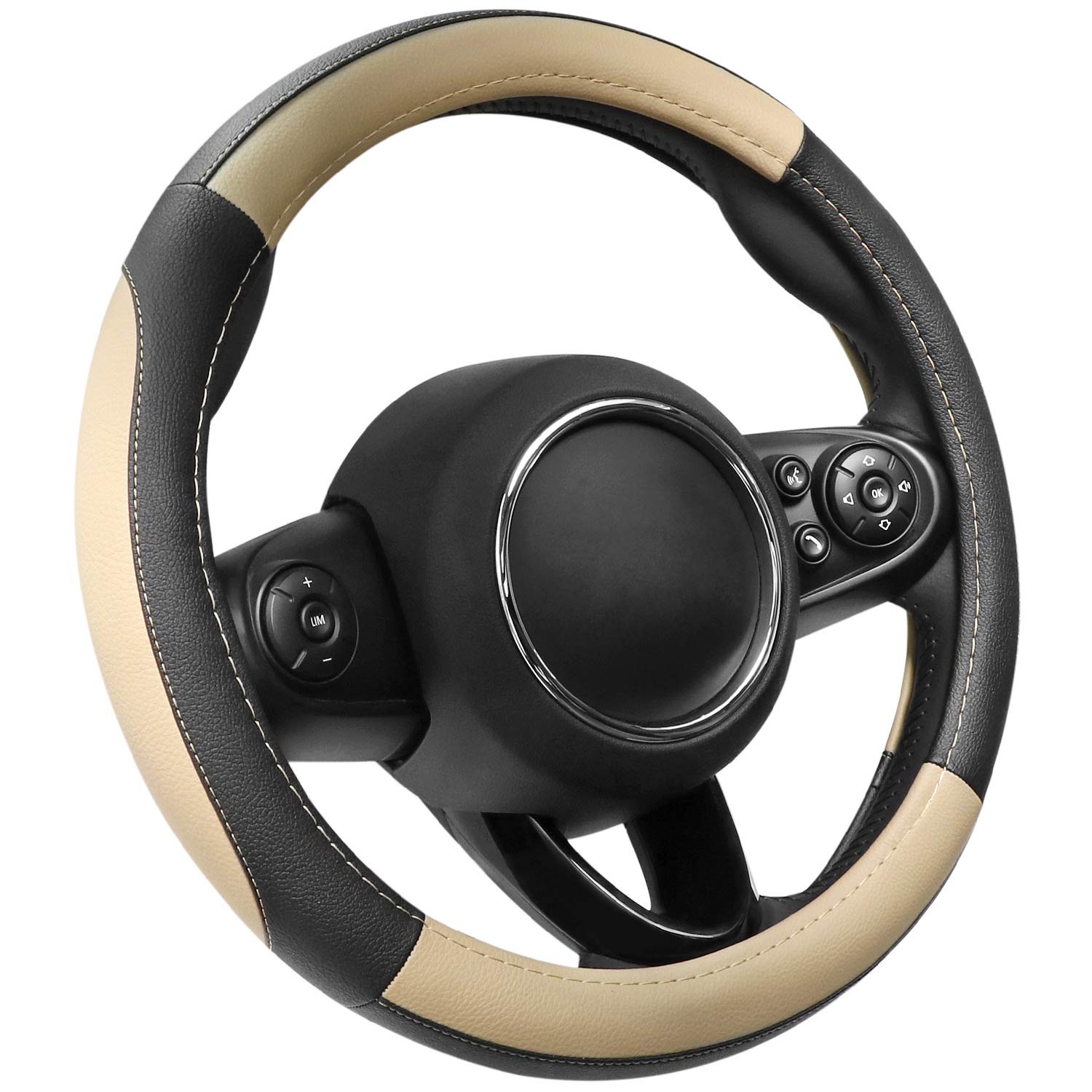 COFIT Microfiber Leather Steering Wheel Cover, Anti-slip Universal Protective Wrap, Car SUV Truck Interior Decor Accessories, Size M 37-38cm Grey and Black — view 37
