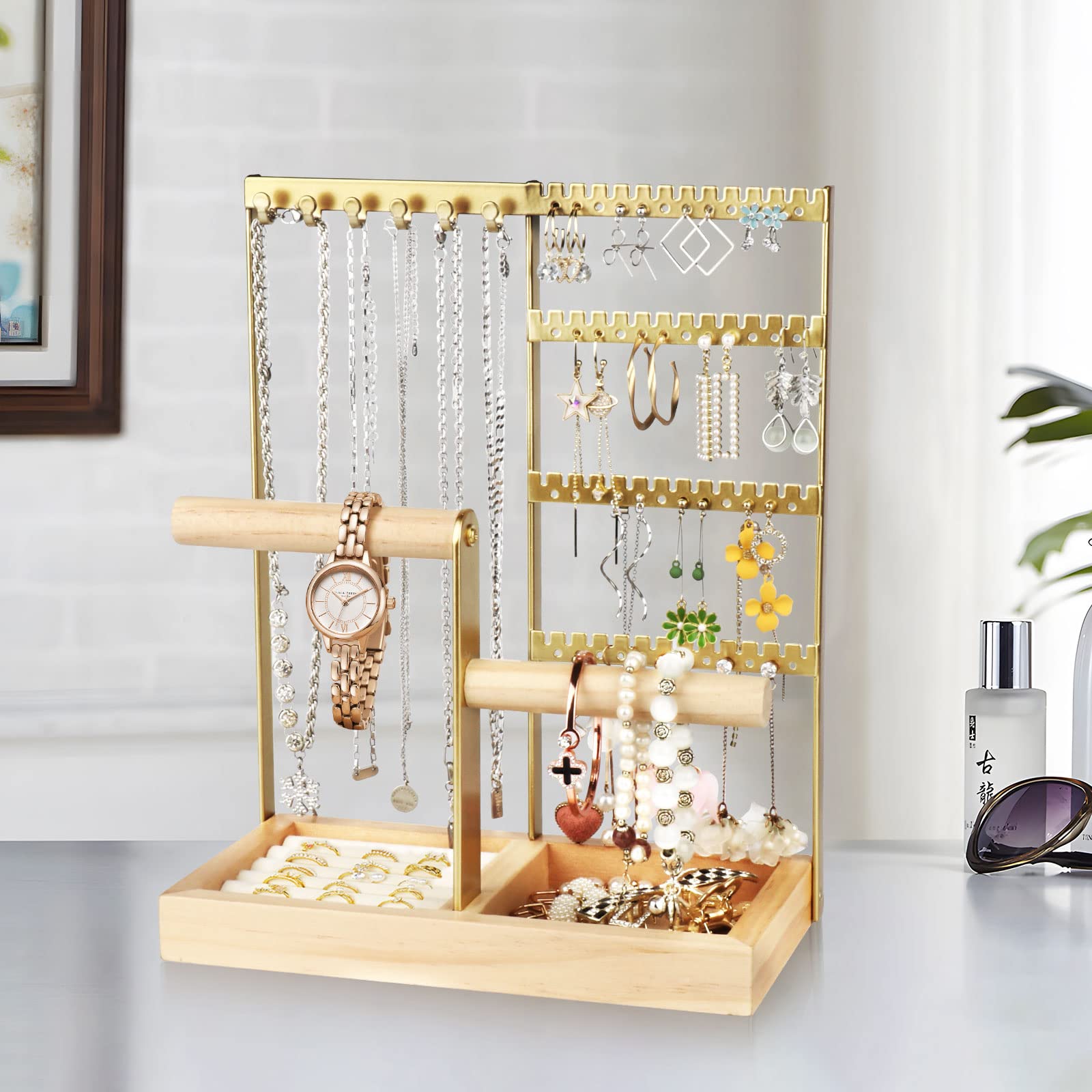 Présentoir à bijoux, Porte-bijoux multicouche pour colliers, crochets pour boucles d'oreilles, rangement pour bagues, boucles d'oreilles, bracelets, montres et accessoires (Or)