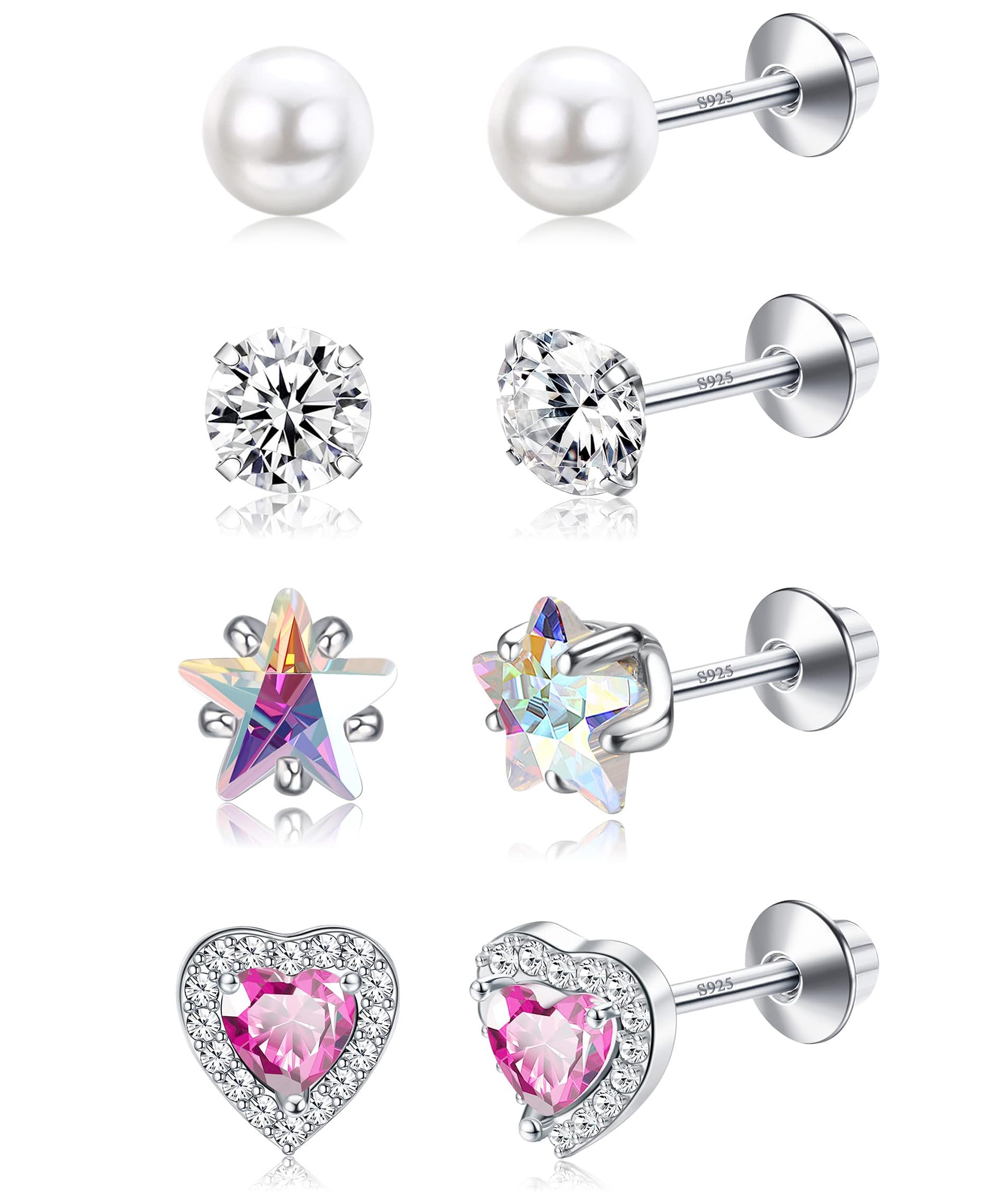 JeweBella4 Pairs 925 Sterling Silber Small Stud Earrings for Women Girls Kids Silber Cute Zirconia Pearl Heart Stud Earrings Hypoallergenic Stud Earrings Multicolored Screw Back Earrings Set