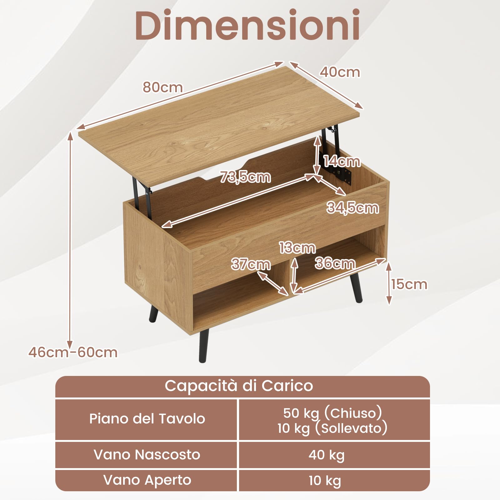 COSTWAY Tavolino da Salotto con Superficie Sollevabile, Tavolino da Caffè Moderno con Scompartimento Nascosto e 2 Ripiani, Ideale per Salone, Ufficio e Sala Riunioni (Naturale)