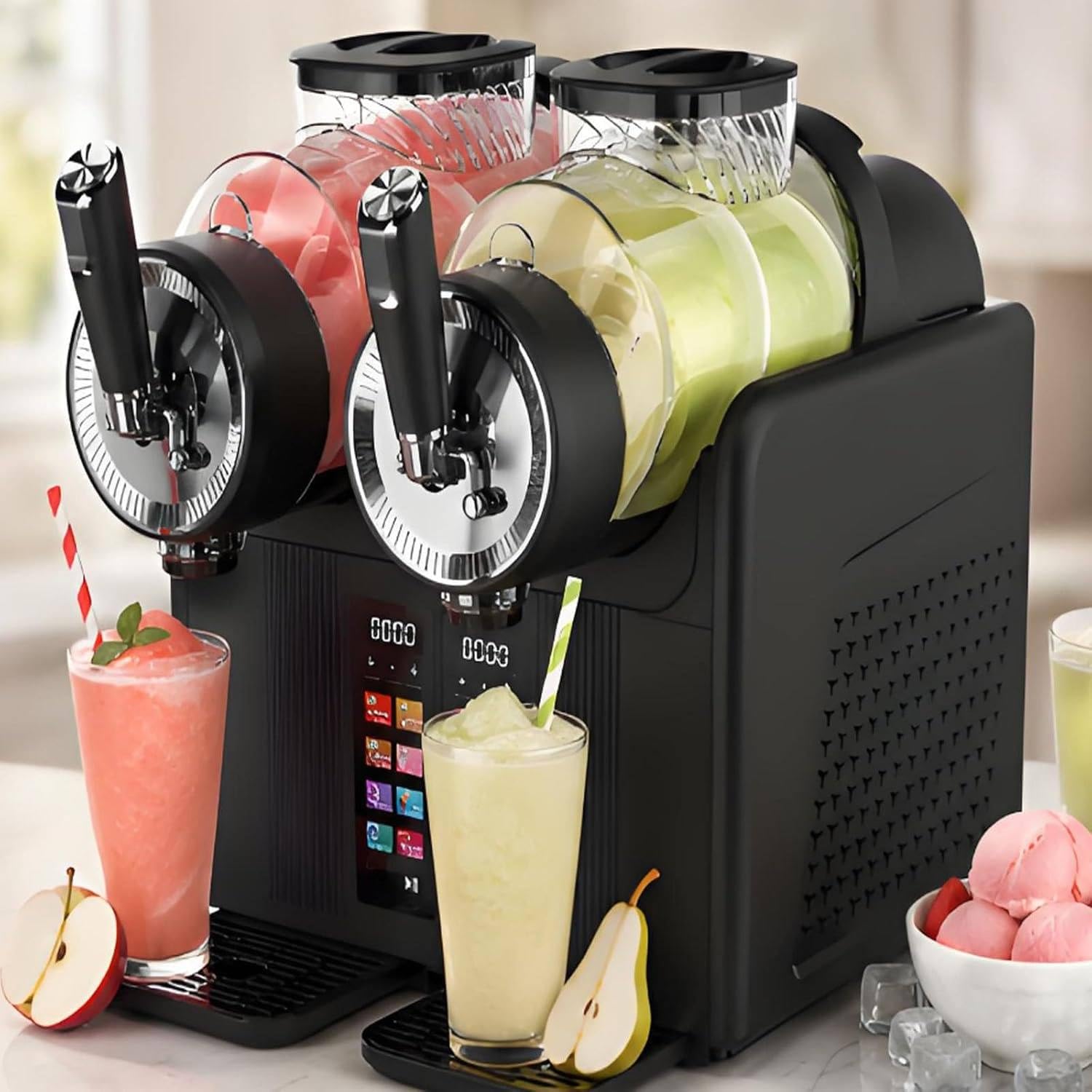 Máquina De Granizados, 2 L*, Máquina De Granizados De Doble Ranura para Uso Comercial Y Fiestas, 7 Programas Preestablecidos, Máquina para Bebidas Frías con Autolimpieza Y Pantalla LED Black