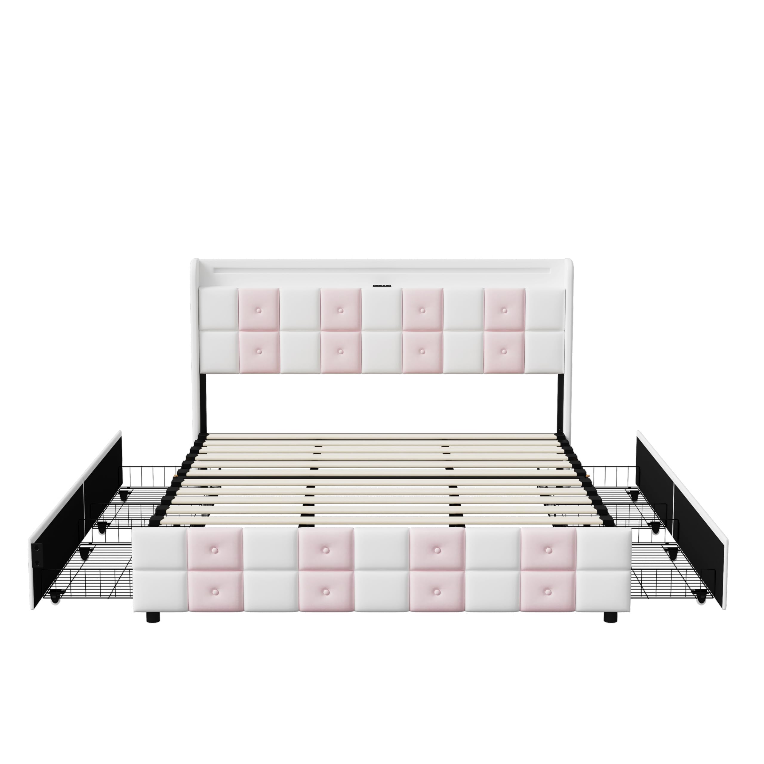 CDQL Łóżko tapicerowane 140 x 190 cm z 4 szufladami, zagłówek ze złączem USB i oświetleniem LED, podwójne łóżko ze stelażem, łóżko dla dziewczynki, łóżko funkcyjne, aksamitne, białe i różowe