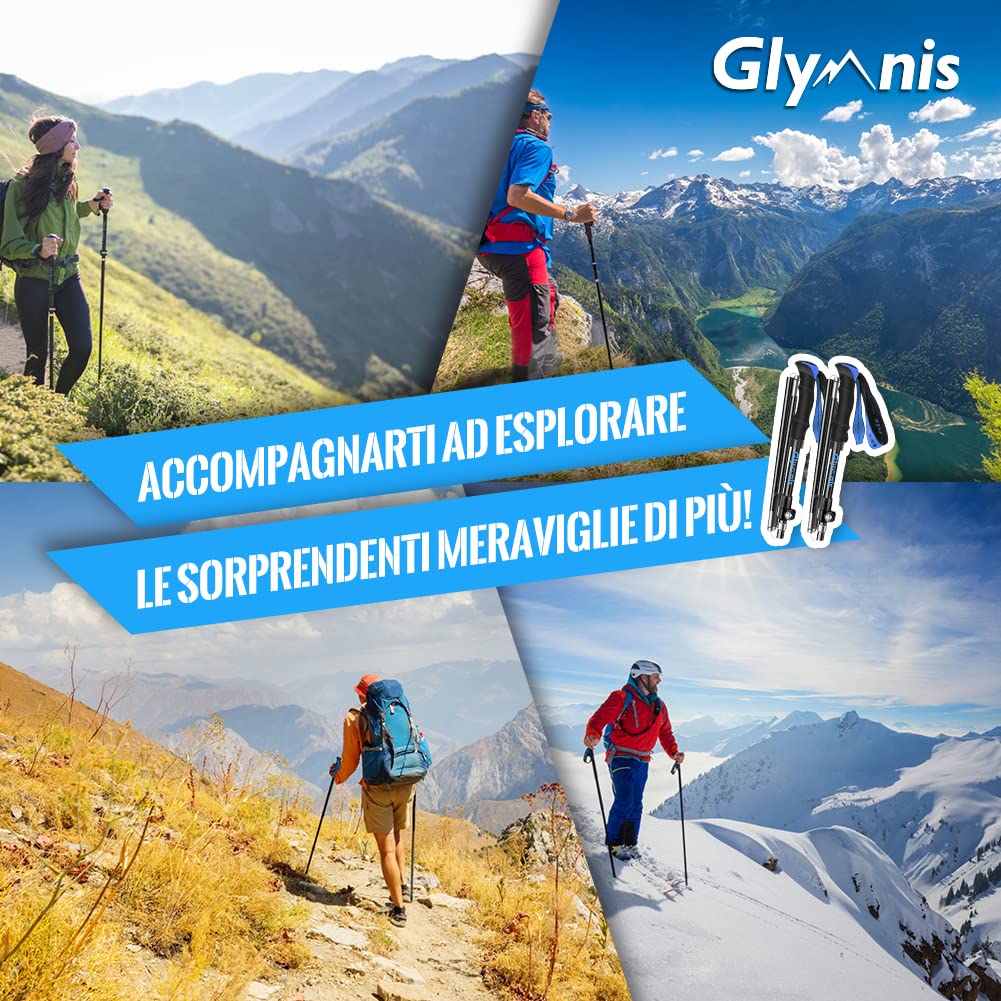 Glymnis Bastoni Trekking Bastoncini da Trekking Pieghevoli e Antiurto 110-130cm 5 Sezioni in Alluminio 7075 Impugnatura in Eva Punta in Carburo di Tungsteno per Escursioni 1 Paio