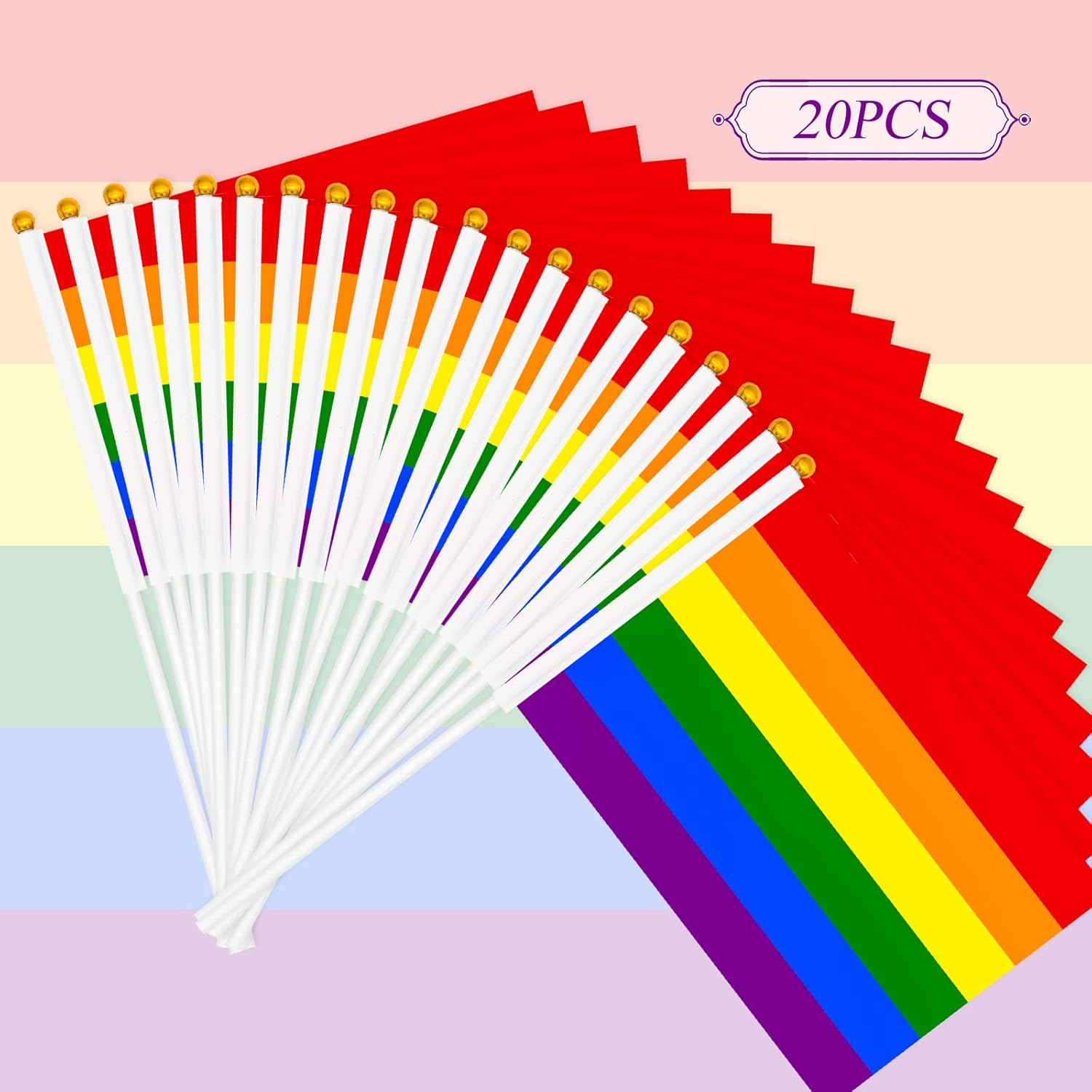 20 Pack Small Pride Flag Stick 21 x 14 cm - Handheld Rainbow Pride Flags, Mini LGBTQ Rainbow Gay Lesbian Flag Sticks for Outdoor LGBT Parades, Rainbow Pride Decorations (Rainbow Flag) - Image 2
