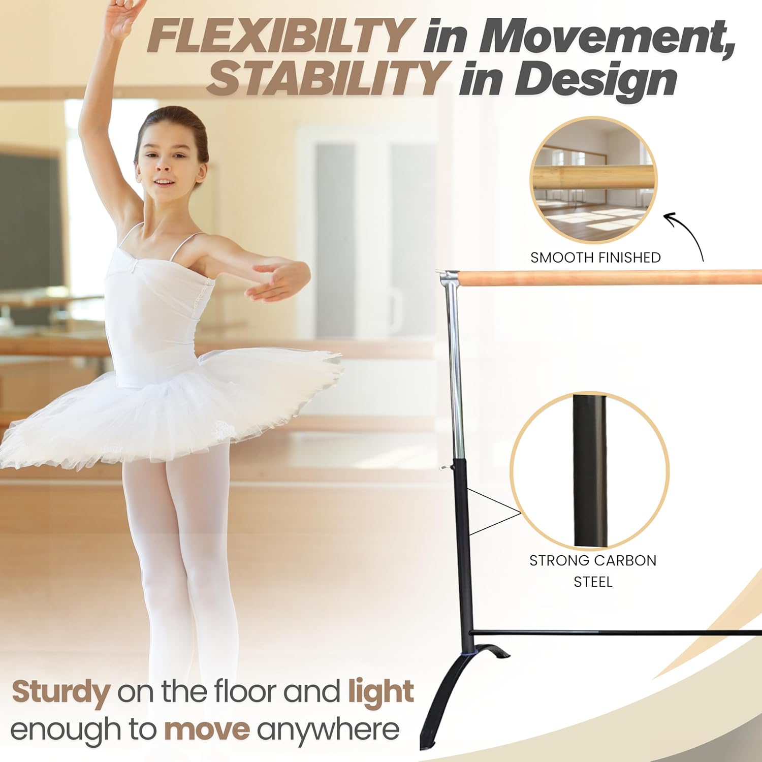 2mm Marley Dance Floor and Single Ballet Barre Bundle for Home or Studio - Ideal for Stretch, Pilates, Dance or Active Workouts