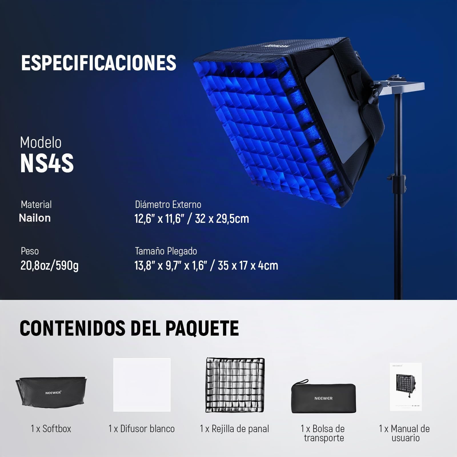 NEEWER Difusor Softbox Actualizado para Panel de Luz de Video LED NL660 RGB660 Pro II, 12.6"x11.6" Plegable con Rejilla/Bolsa/Capucha Opaca, Configuración Rápida para Luz Suave, NS4S
