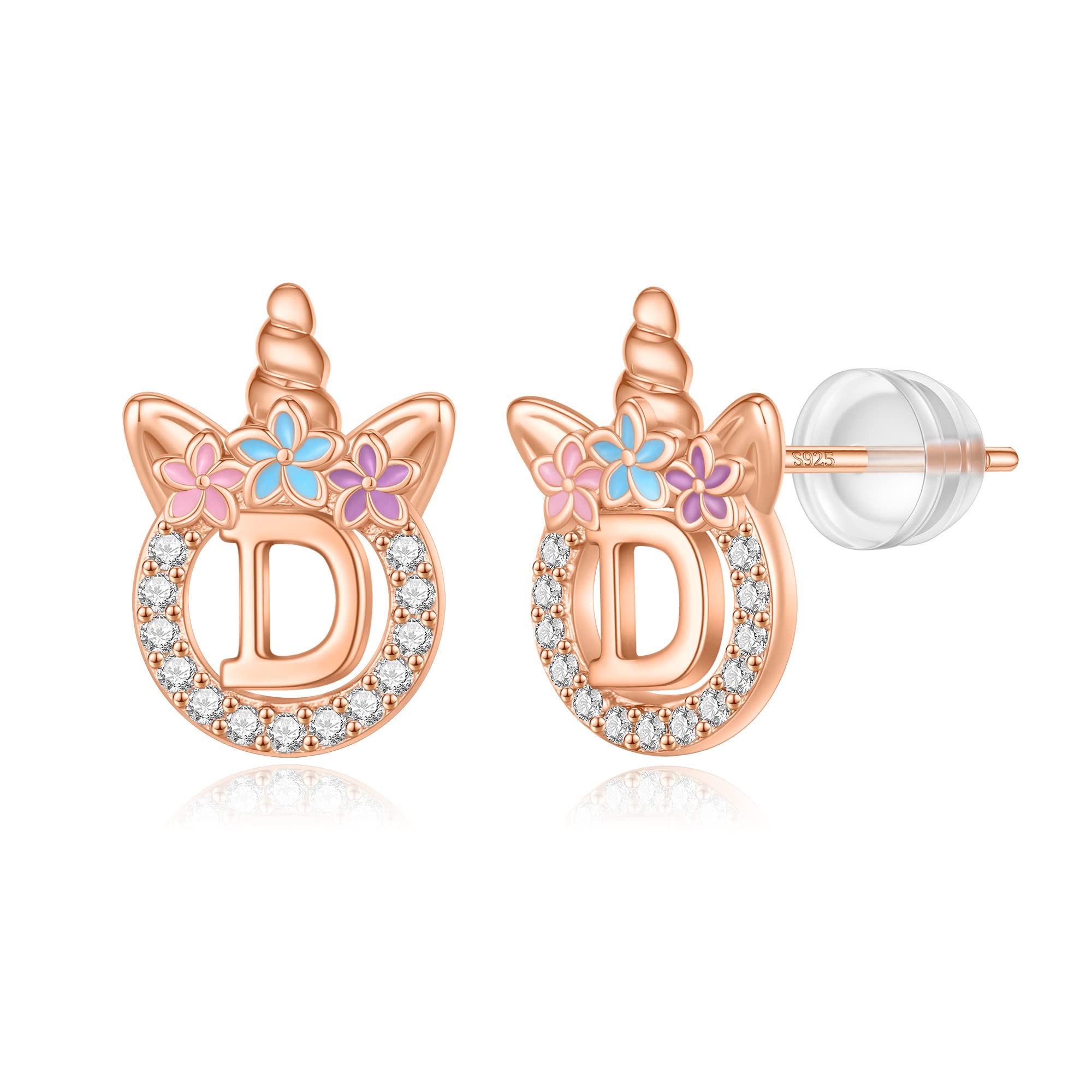 Unicorn Earrings Gifts for Girls - 925 Sterling Silver Stud Earrings Hypoallergenic Initial Unicorn Earring for Girls Kids Jewelry CZ Birthday Gifts