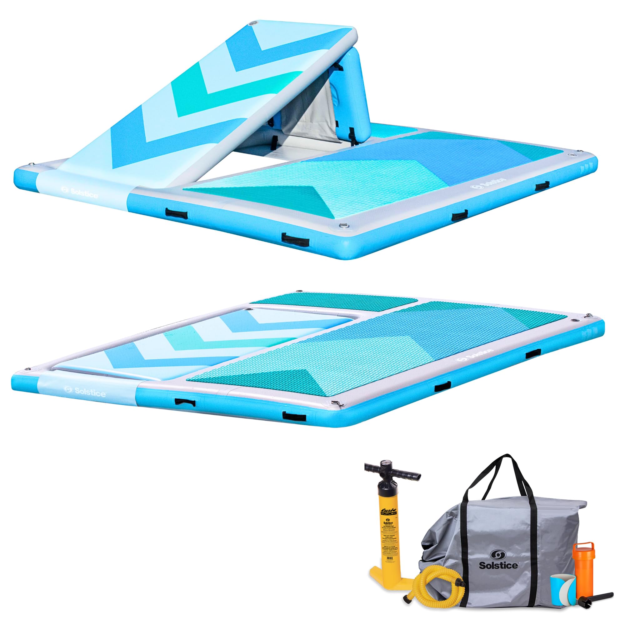 Solstice 10 Foot x 8 Foot Inflatable Convertible Floating Slide Dock Water Platform with Storage Bag for Lakes, Pools, and Rivers