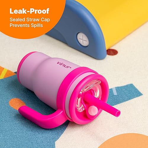 Miniatura 5 de VINUR Vaso térmico para niños con asa y tapa con pajita  A prueba de derrames  Resistente a fugas  Vaso térmico de viaje de acero inoxidable de