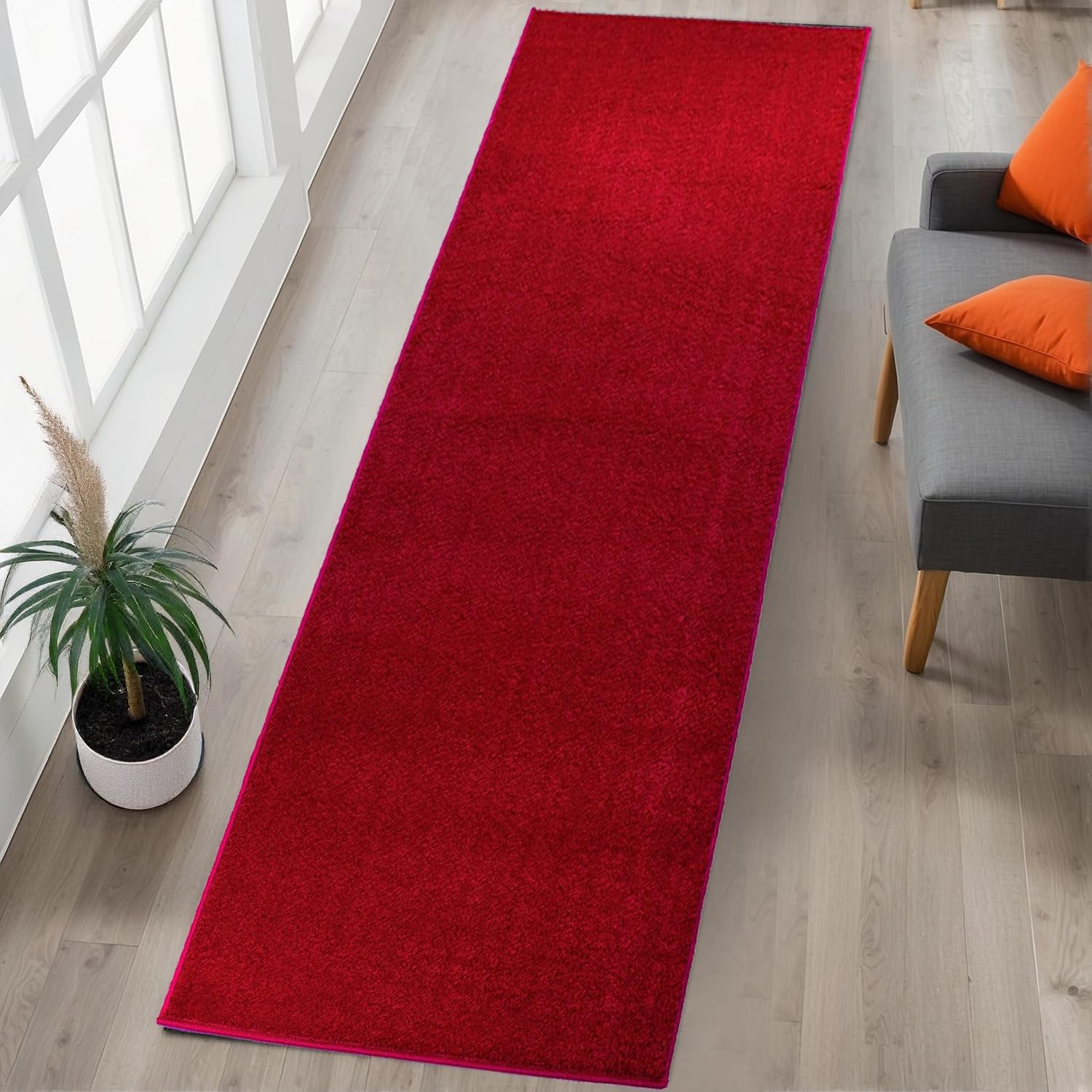RugStylesOnline Washable Custom Size Runner Rug Solid Color Red, (2 Feet Length x 26 Inch Width) Custom Cut Slip Resistant Rubber Backing Runner Rugs,