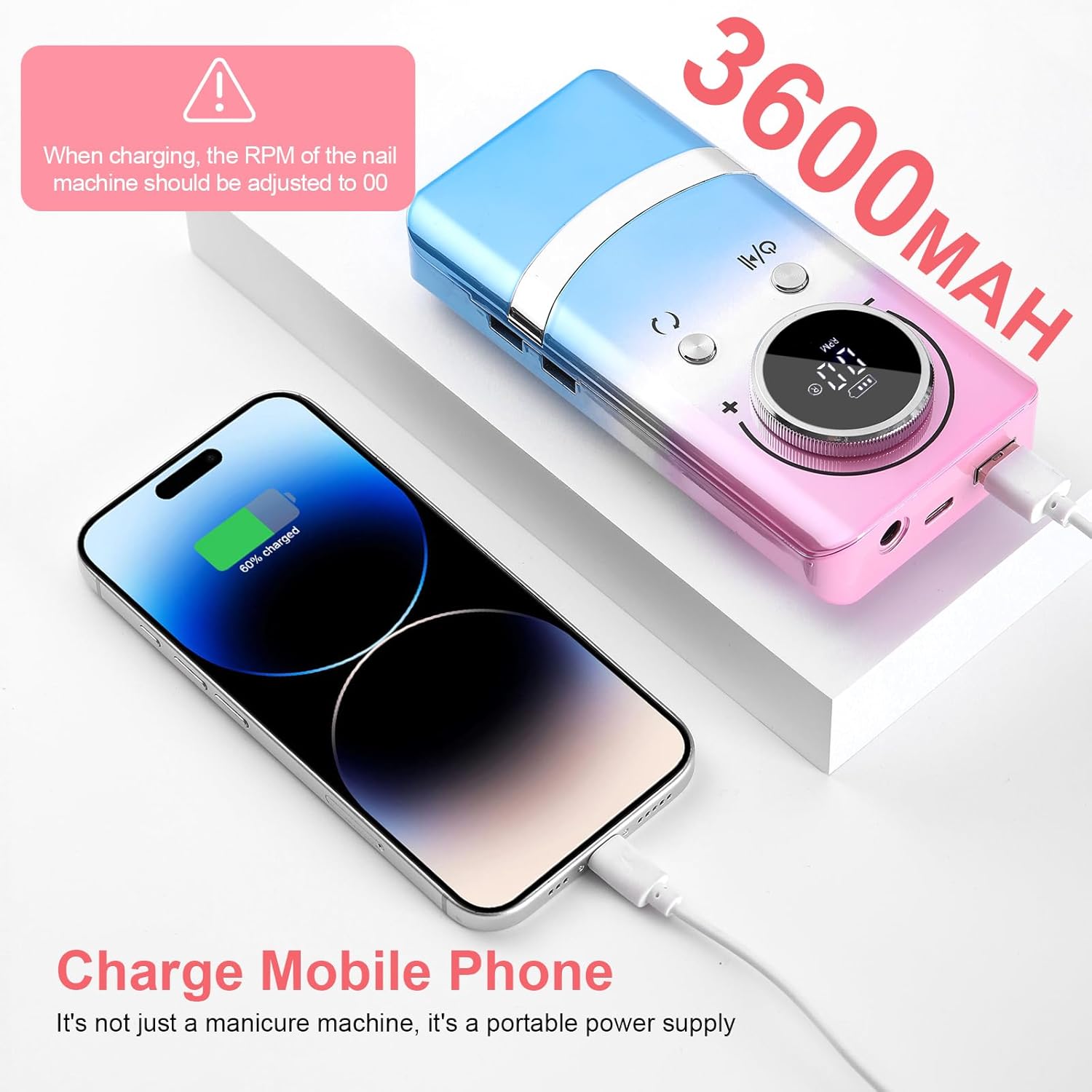 Electric 45000RPM Nail Drill Machine Rechargeable Portable Nail File Electric DIY Nail Drill Kit with Smart LCD Screen for Gel Nail Manicure and Pedicure Reflective Body etc (Gradient)