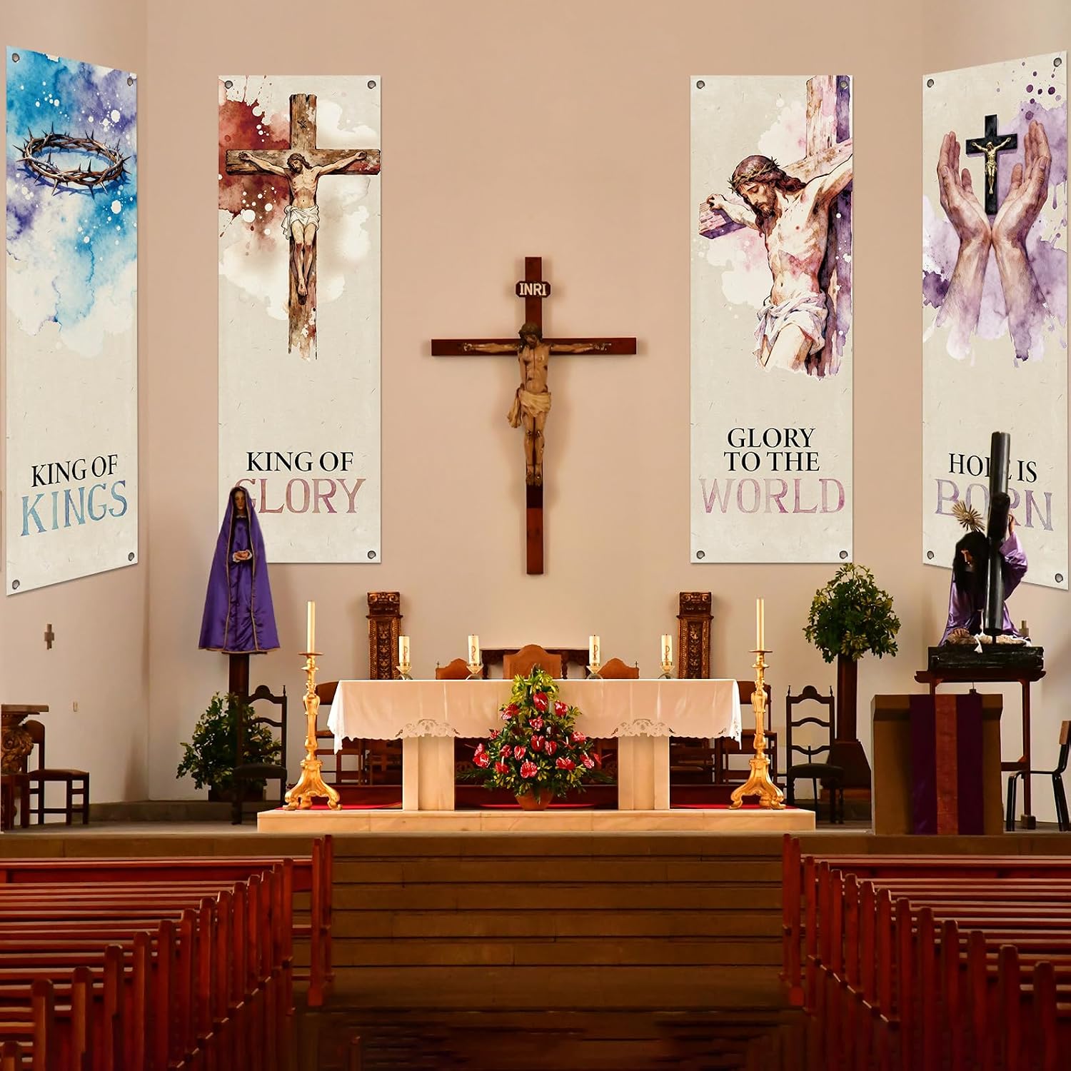 4Pcs Easter Church Banners for Sanctuary Wall Religious Banners Hanging Backdrop Praise Hanging Sign with Scripture Bible Verses Banner Easter Banner for Church School Decor(Watercolor Blurring)