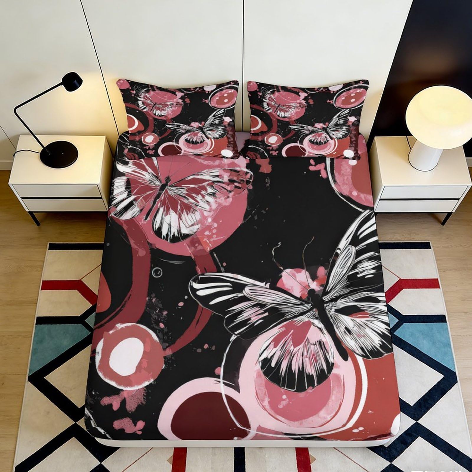 Jqzkxnhpbr Style-9 3D Printed Butterfly Floral Fitted Sheet Microfiber Soft Black Pink Artistic Bed Cover For Bedroom Guest Room Decor 90X200x25cm