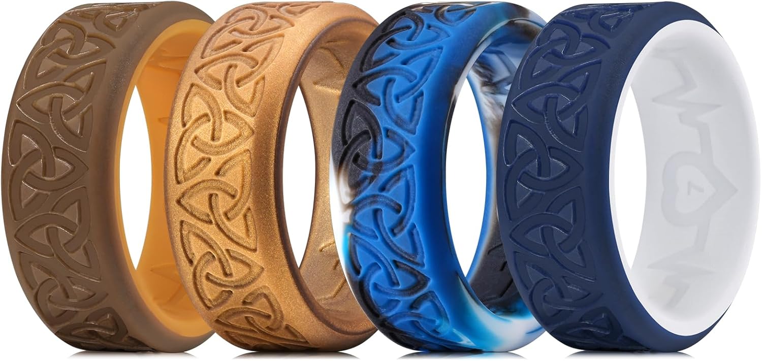 King Will Silicone Wedding Rings For Men, 4 Pack Rubber Wedding Bands with Celtic Knot Pattern, 8mm Wide 2.2mm Thick, Comfort Fit Size 13