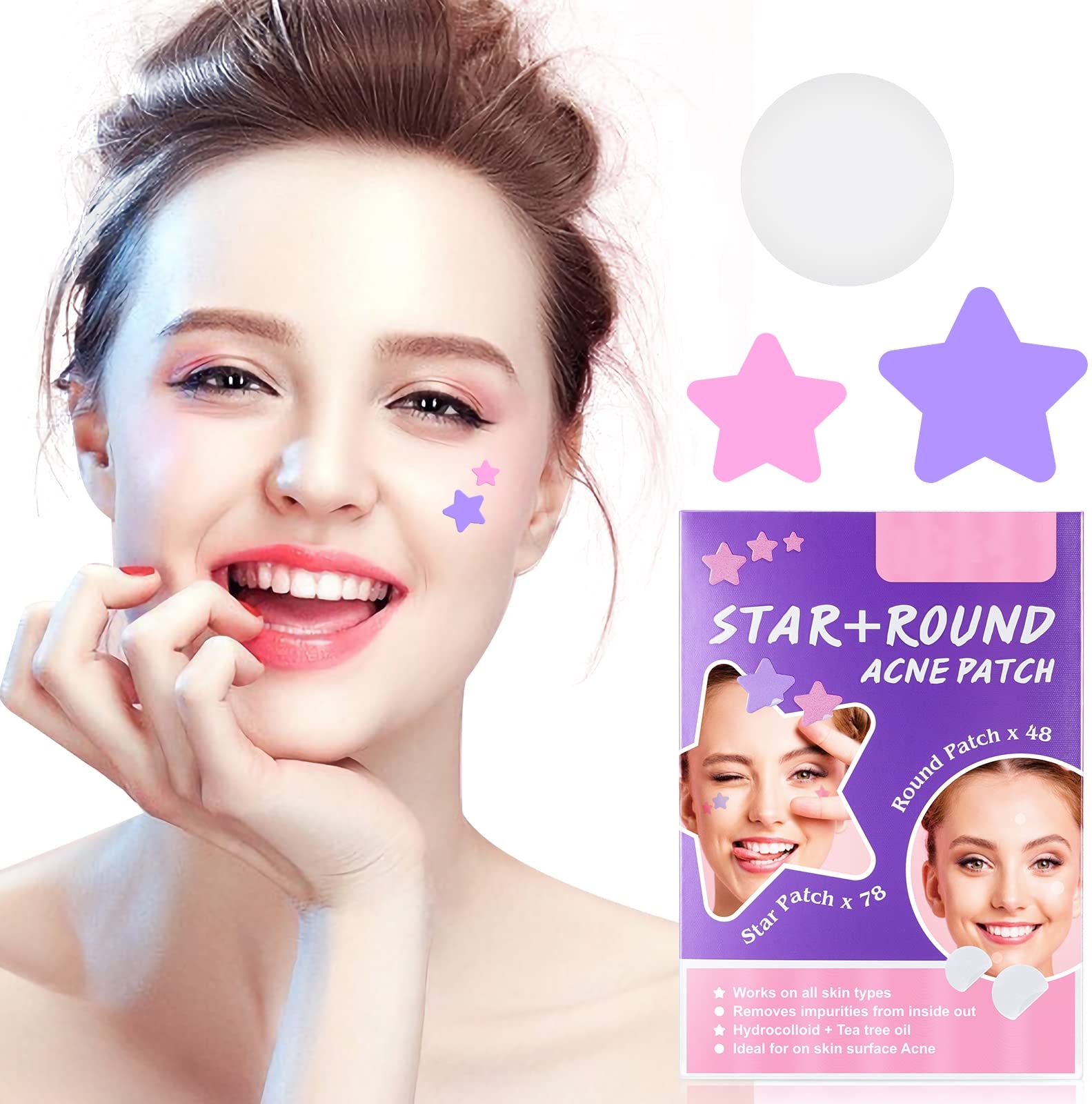 HONPOLO 126Pcs Color Acne Removing Patch Gentle Makeup Acne Covering Heart Star Round Acne Removing Patch 3 Styles (Purple)