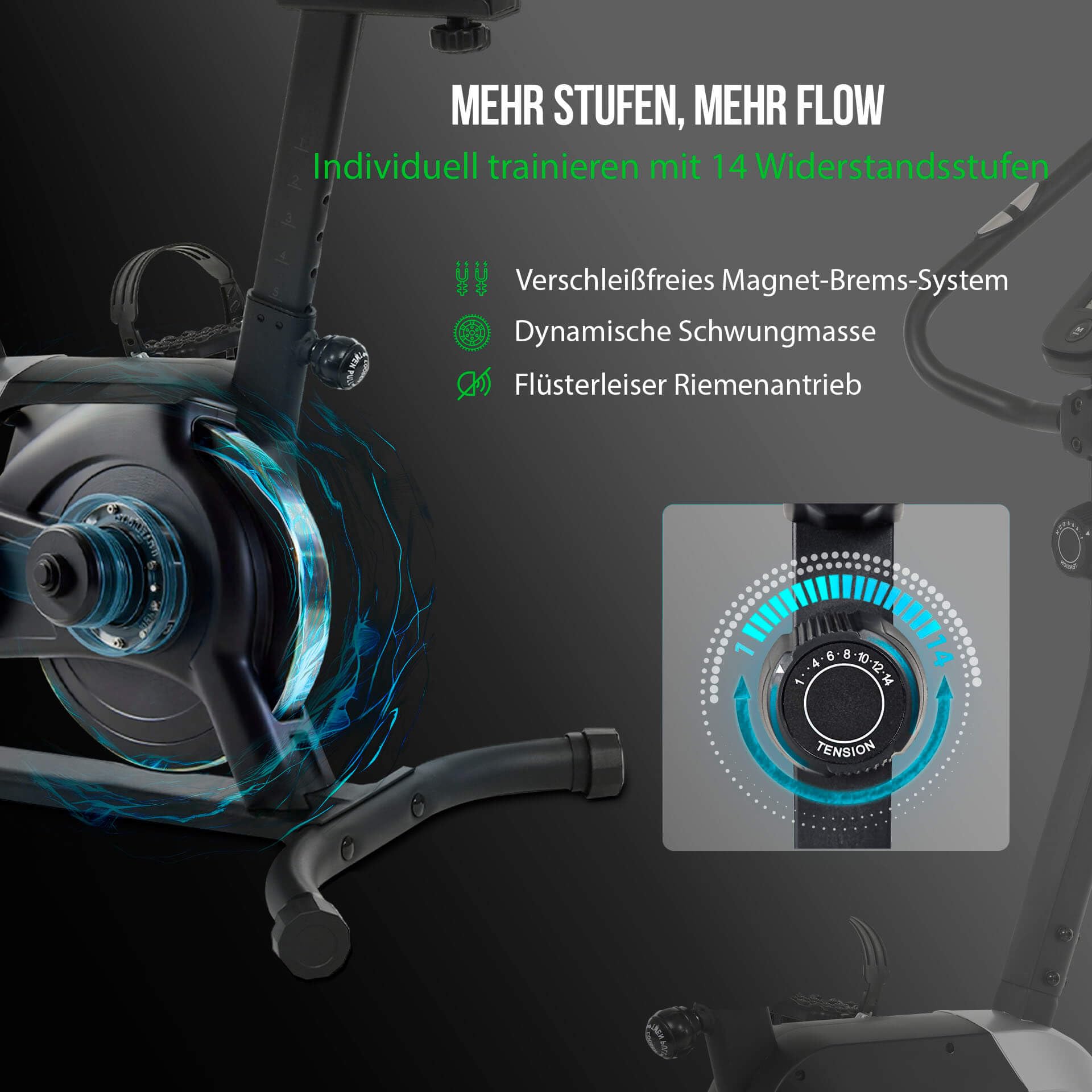 Christopeit Heimtrainer „Activ“ – leises Fitnessbike mit Magnetbremse, 14 Widerstandsstufen, LCD-Display, Pulsmessung & Tablet-Halterung