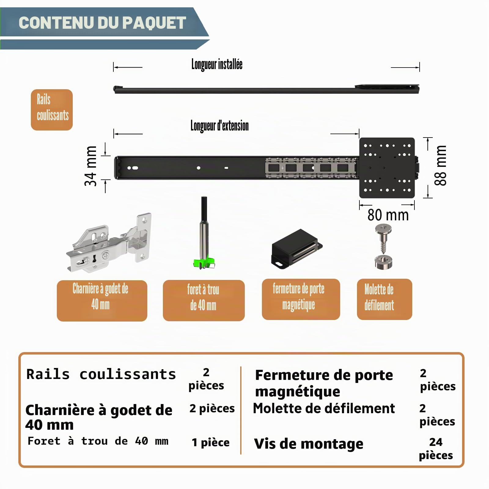 Kit de quincaillerie pour porte de poche d'armoire, 550 mm, 2 pièces, système de charnière de porte coulissante pour portes d'armoire et de placard, solution d'économie d'espace pour cuisine