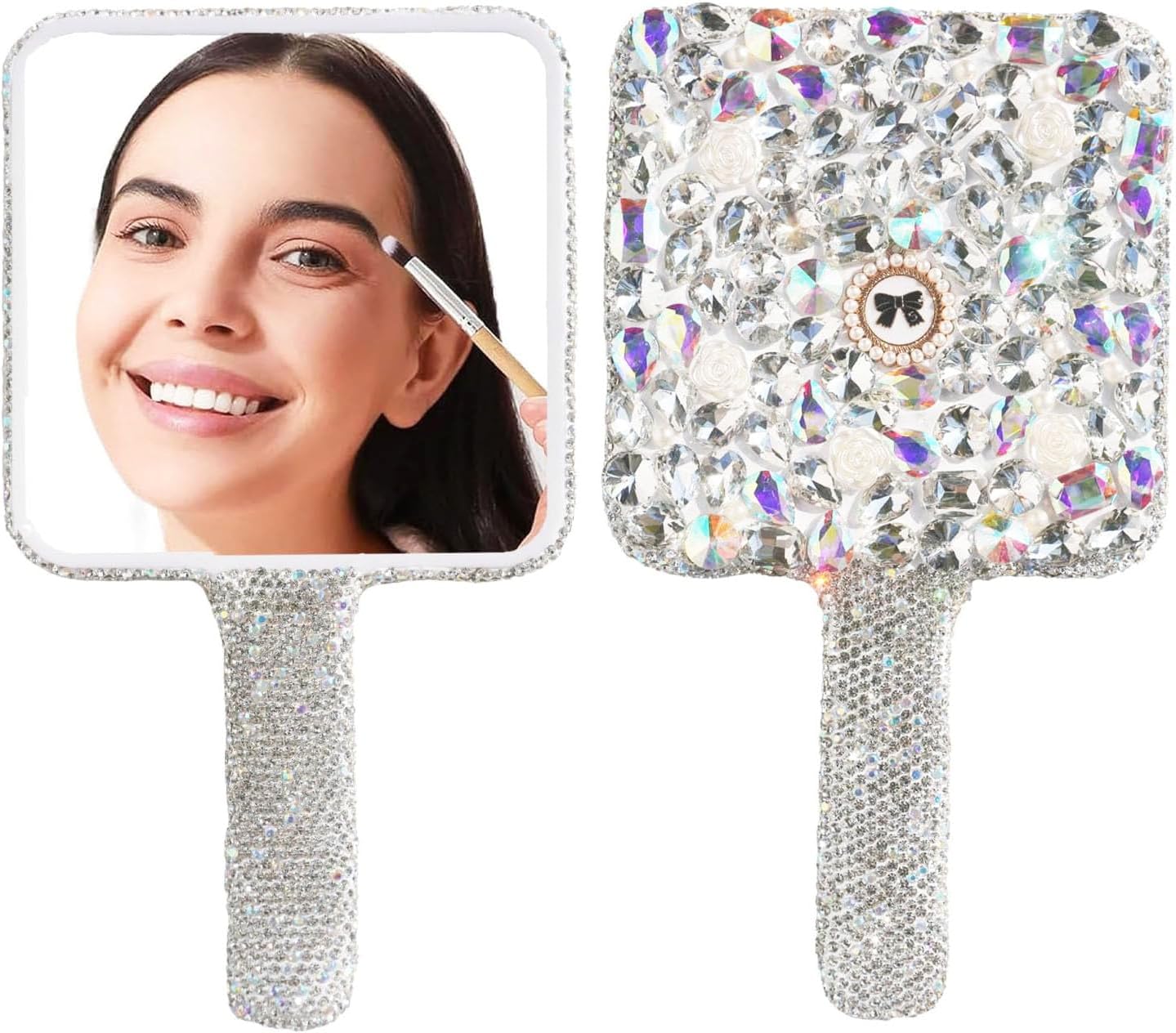 Rhinestone Heart Handheld Mirror Bling Glitter Cosmetic Dazzling Portable Hand Mirror with Handle for Women Wedding Party Square (Square-White)