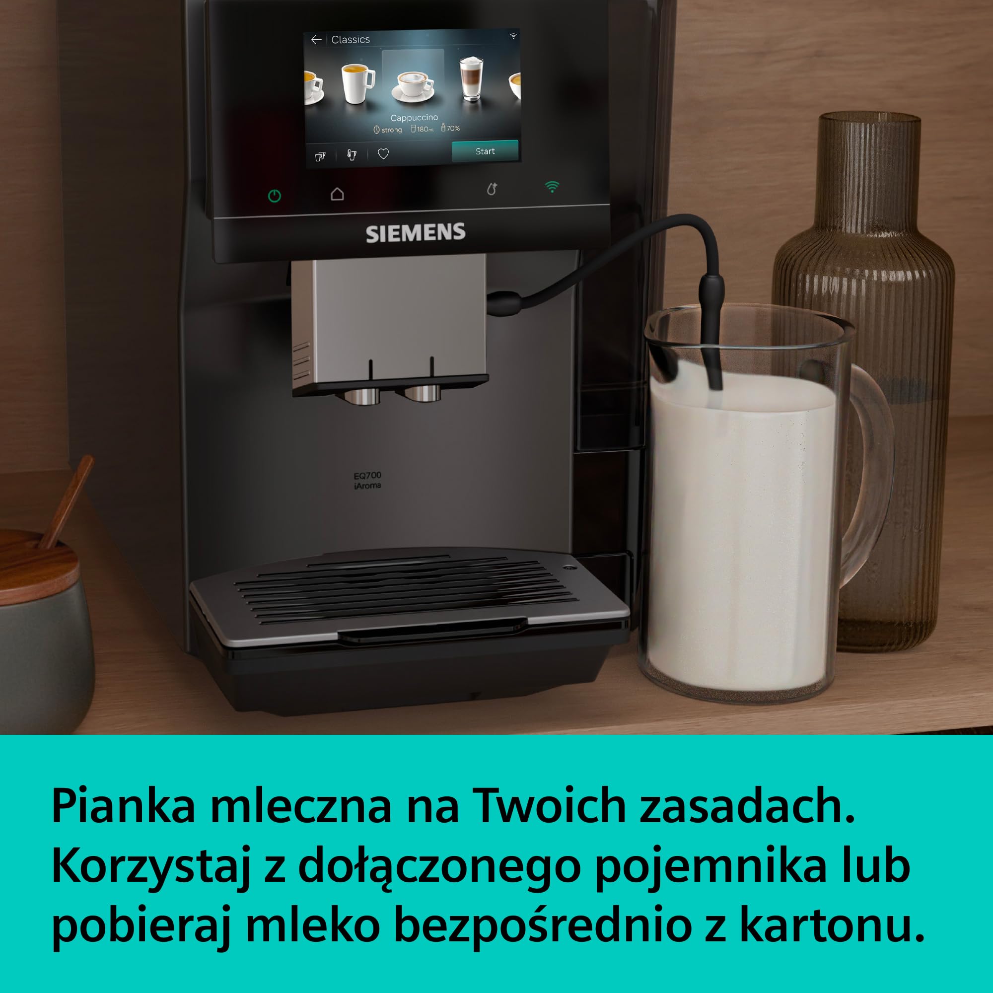 Siemens, automatyczny ekspres do kawy, EQ700 iAroma, wyświetlacz dotykowy, Cold Brew i Slow Brew, aplikacja Siemens Home Appliances, odcień morning haze, TP725E01