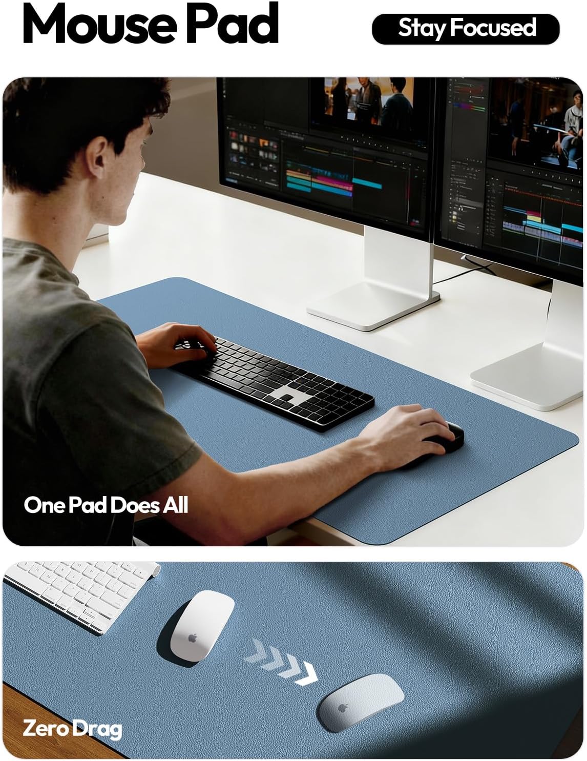 YSAGi Leather Desk Protector, Office Mat, Large Mouse Pad, Non-Slip PU Leather Blotter, Laptop Desk, Waterproof Writing Pad for Office and Home (Blue, 31.5" x 15.8") - Image 4