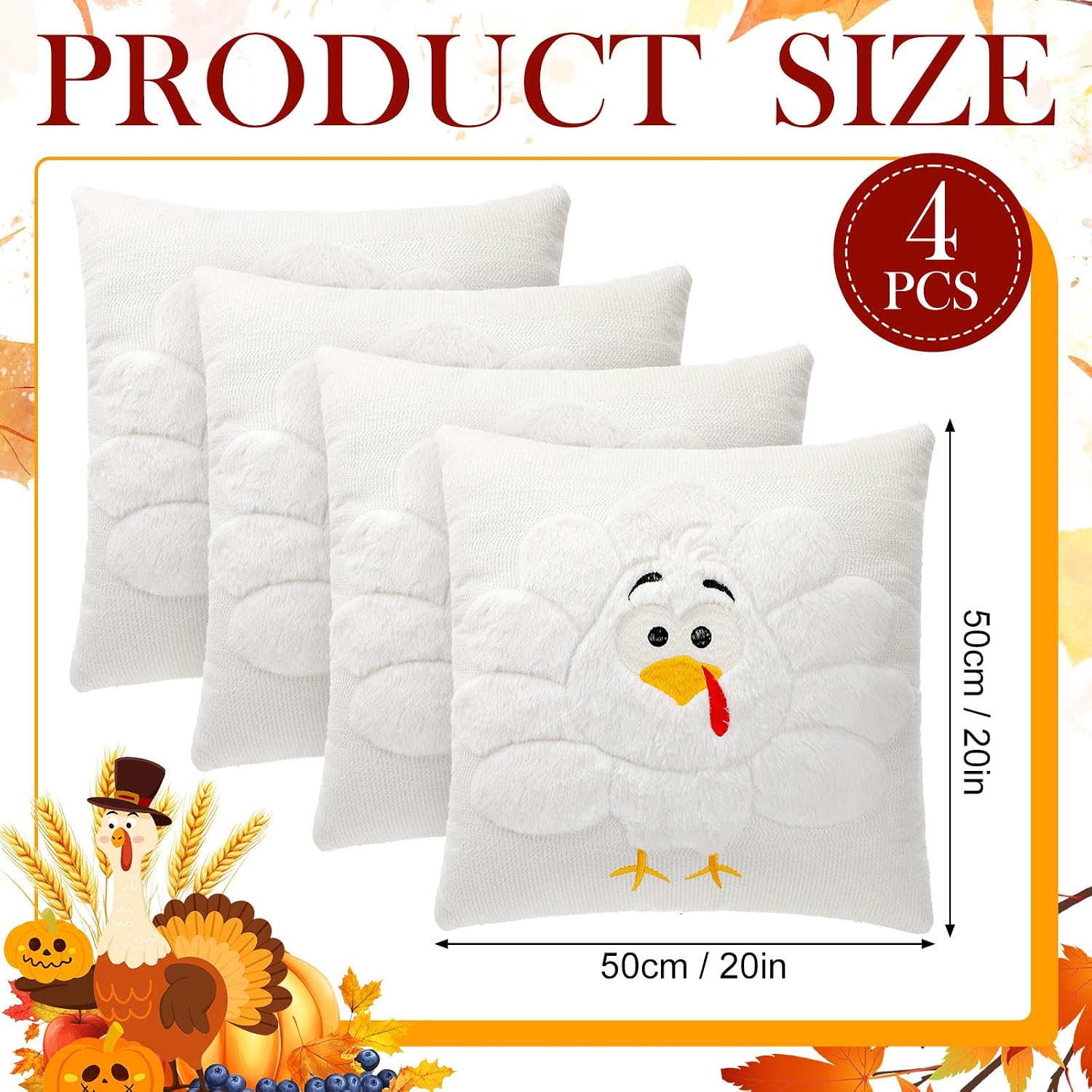 Tudomro 4 Pcs Thanksgiving Turkey Throw Pillow Cover 20x20 Inch White 3D Embroidered Soft Faux Fur Pillow Case for Thanksgiving Day Gifts for Autumn Sofa Couch Home Bedroom Farmhouse Decor