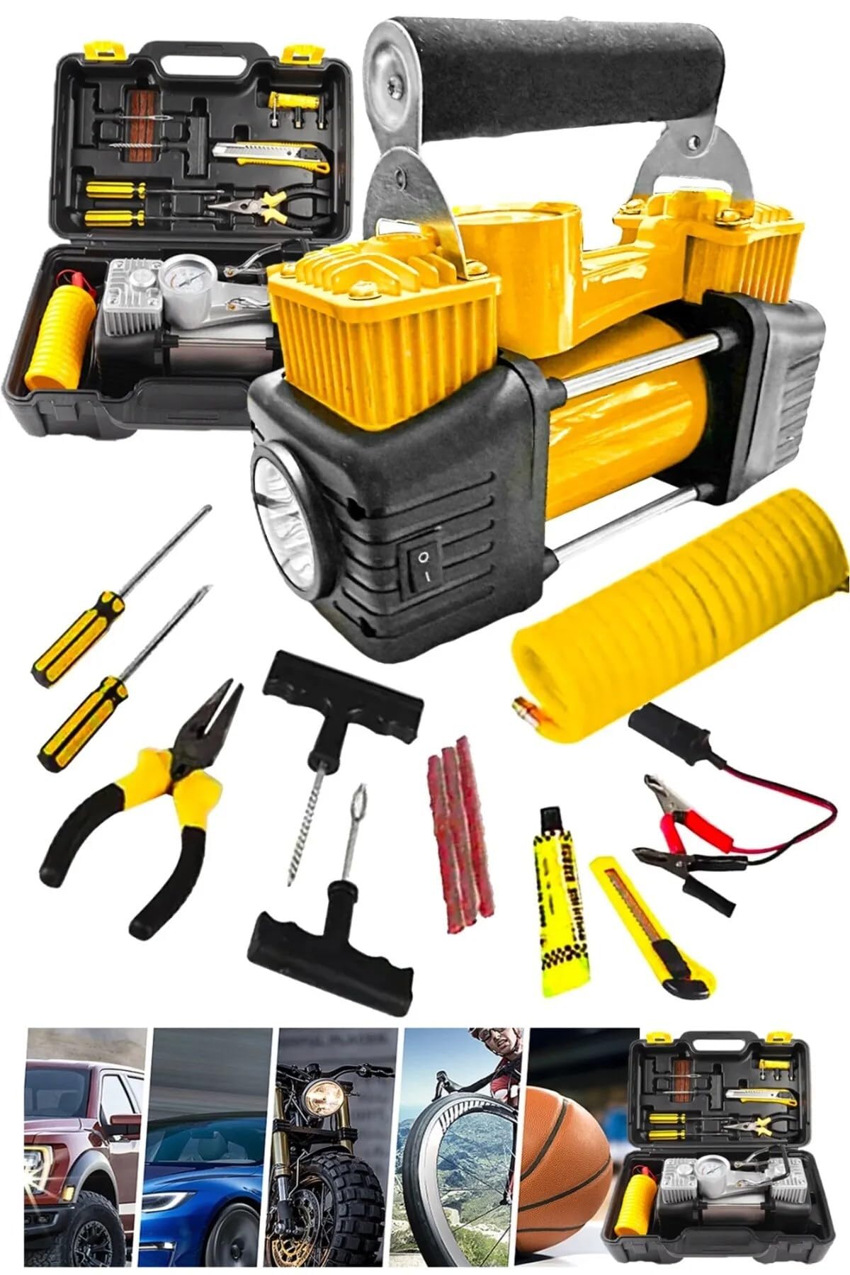 moonshop Çift Pistonlu Araç Lastik Şişirme Kompresörü, Çok Renkli, 12V, 150 PSI, LED Aydınlatmalı, Taşıma Çantalı, Lastik Tamir Kiti Dahil