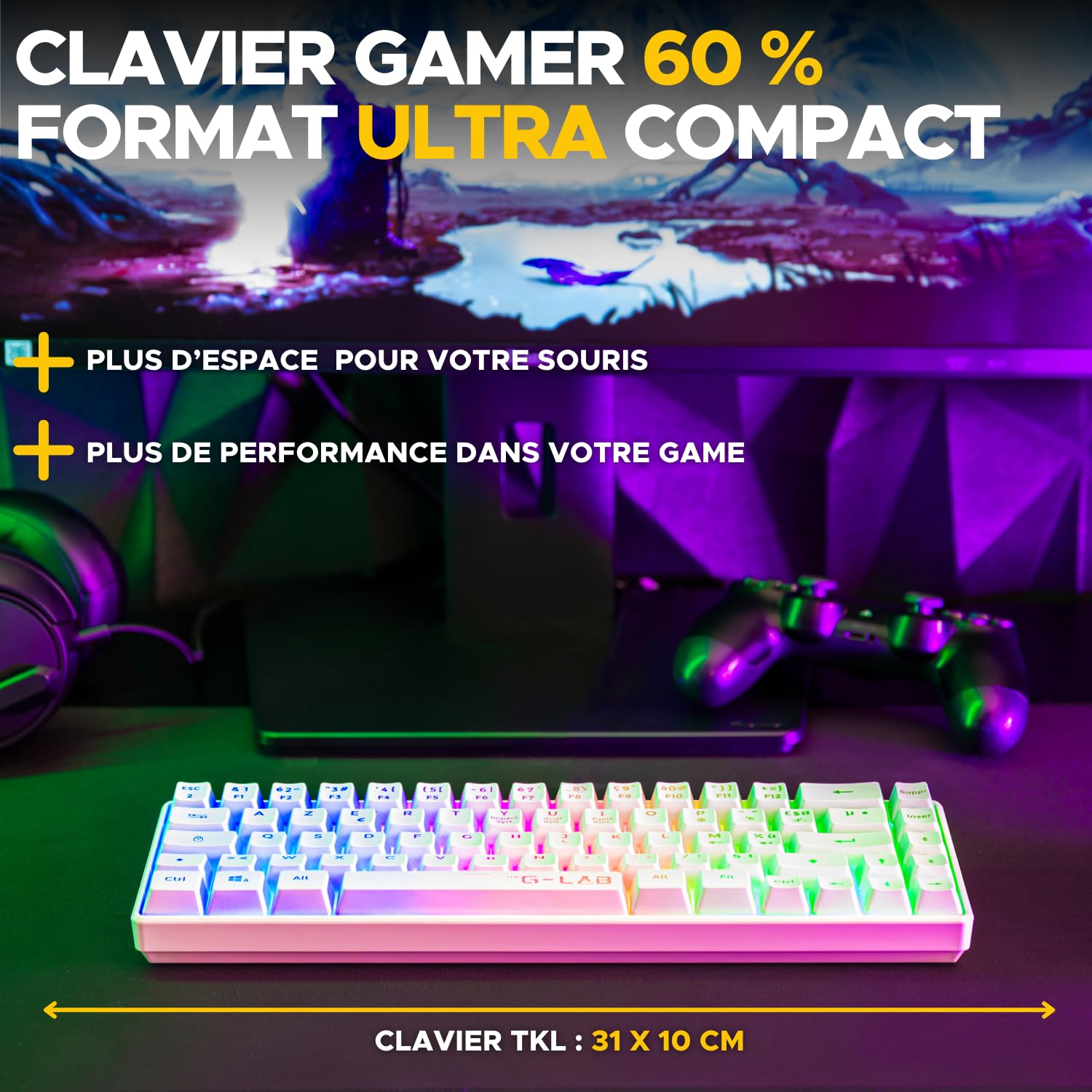 The G-Lab - Keyz Hydrogen WL- Clavier Gamer sans Fil, Clavier 60% Semi-mécanique, Azerty, RGB Multicolore - sans Fil Silencieux, Format Compact TKL - PC/PS4/PS5- New (Blanc)