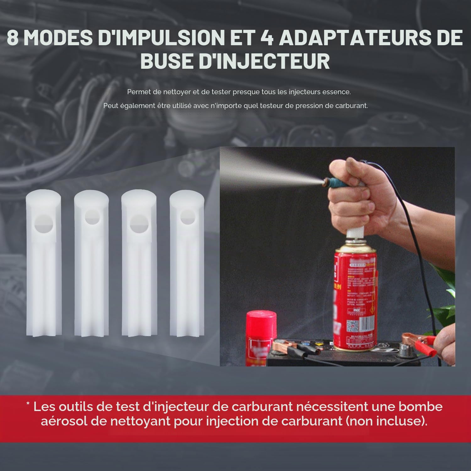 Mr CARTOOL Testeur d'injecteur Automatique 12V avec 4 Adaptateur de Nettoyage et 8 Modes d'impulsion pour Injecteur de Carburant Testeur de Pression d'injecteur, Test de 2 Injecteurs Synchronisés