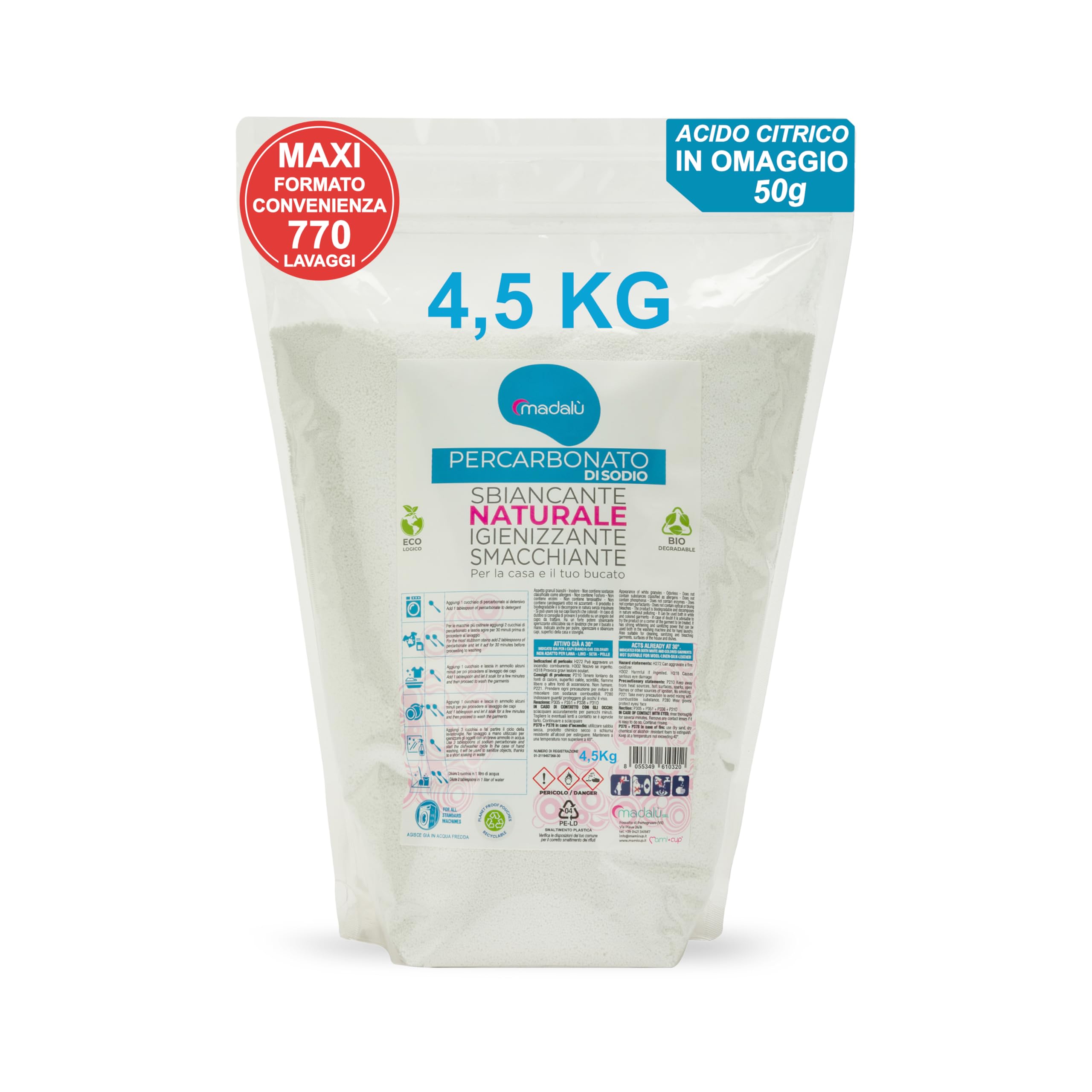 Percarbonato di Sodio per Bucato Puro (4,5 Kg, 770 Lavaggi) Smacchiatore Bucato Azione Sbiancante Igienizzante Naturale, Antimuffa, Professionale Busta Richiudibile - IN OMAGGIO 50gr di Acido Citrico